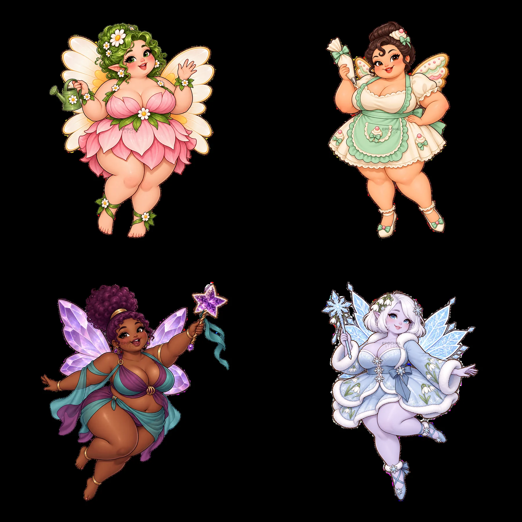 Four kawaii ultra-fat fairies in colorful outfits with accessories - AI-generated stock image