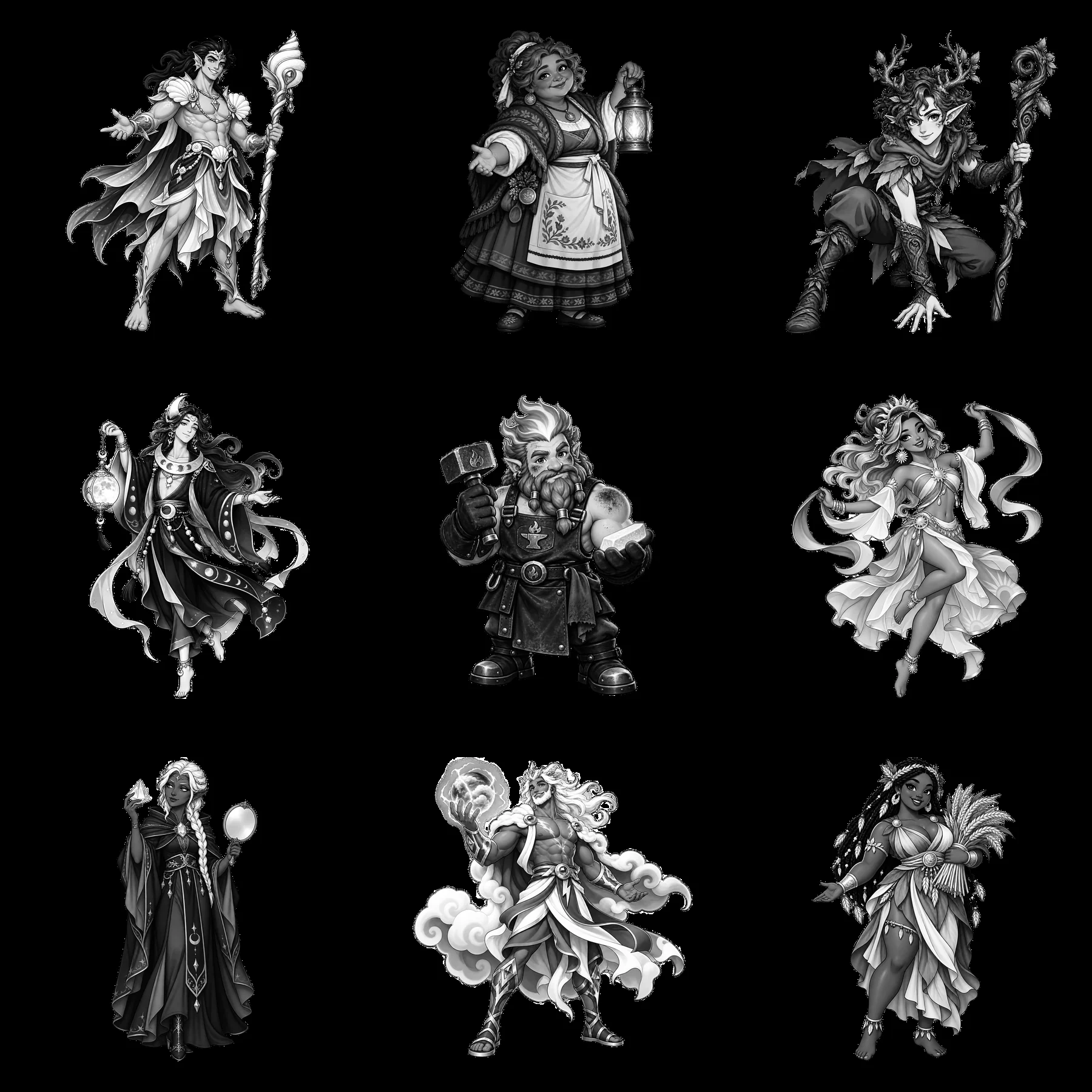 Pagan gods in monochrome cartoon sticker illustration - AI-generated stock image