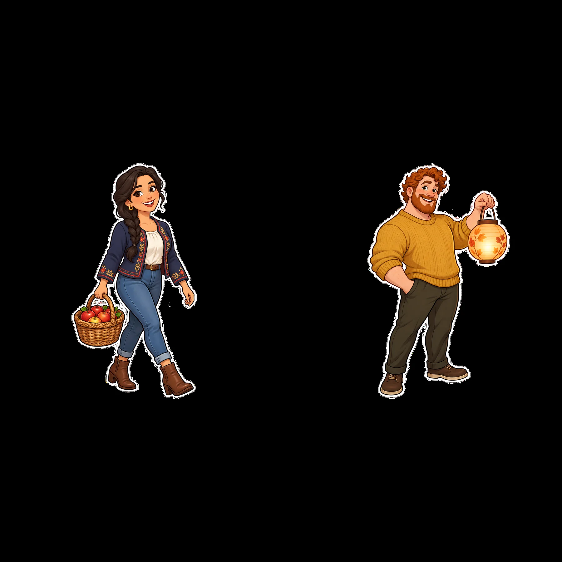 Couple carrying basket and lantern in traditional family setting - AI-generated stock image