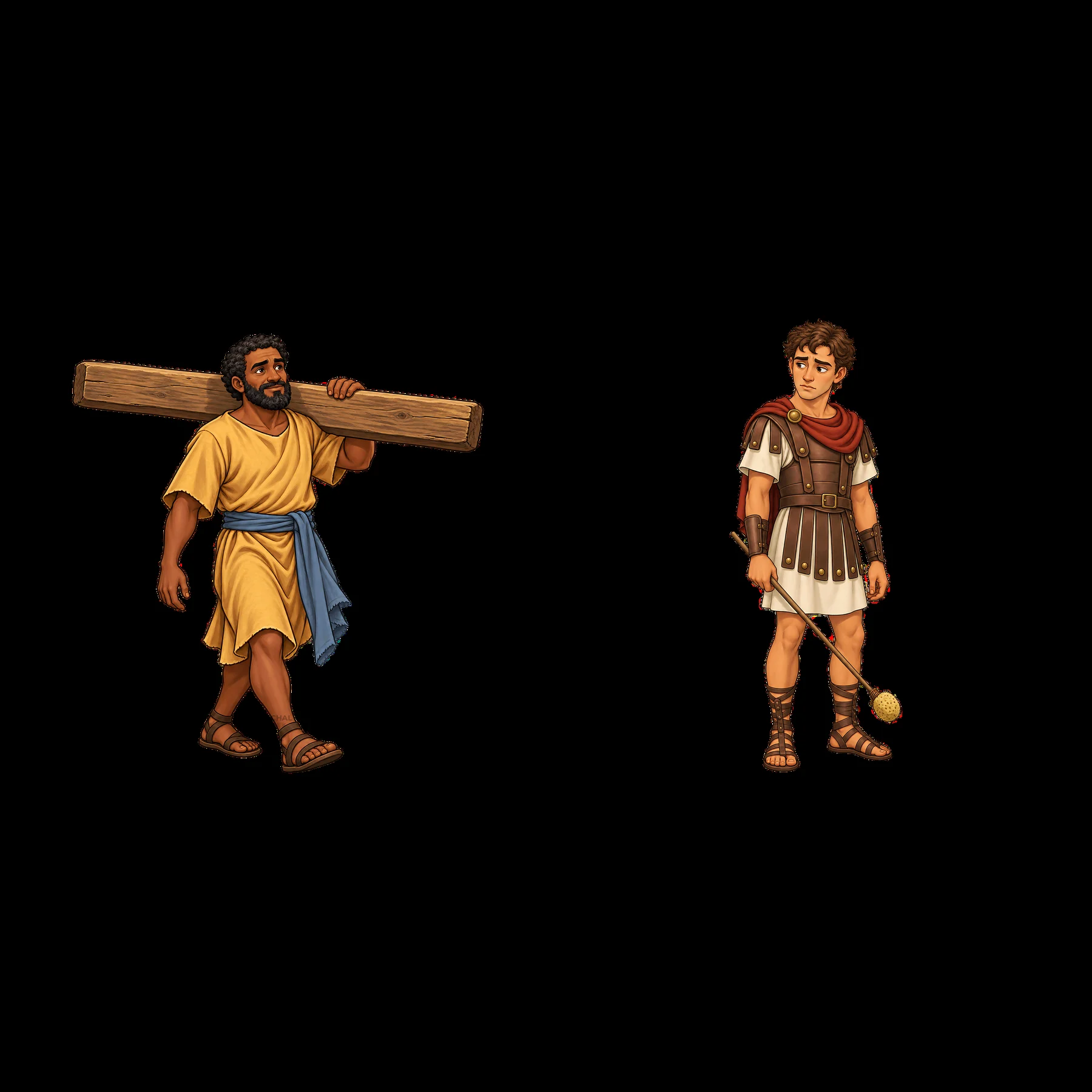 Jesus carries the cross with a soldier observing nearby - AI-generated stock image