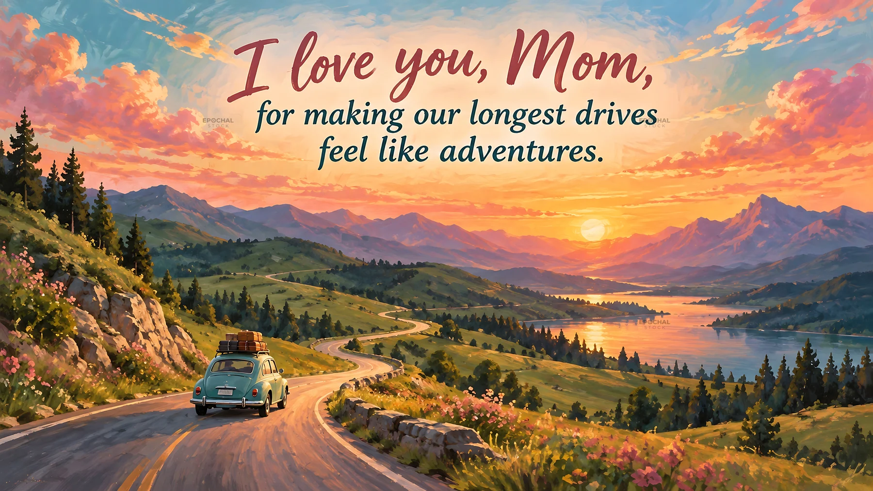 Sunset Road Trip Greeting for Mom - AI-generated stock image
