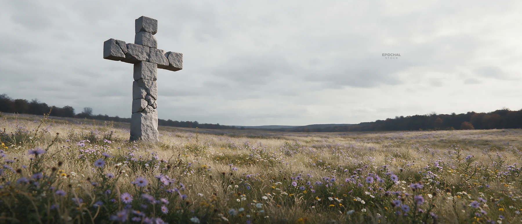 Aged Christian cross in autumn valley meadow under cloudy sky - AI-generated stock image