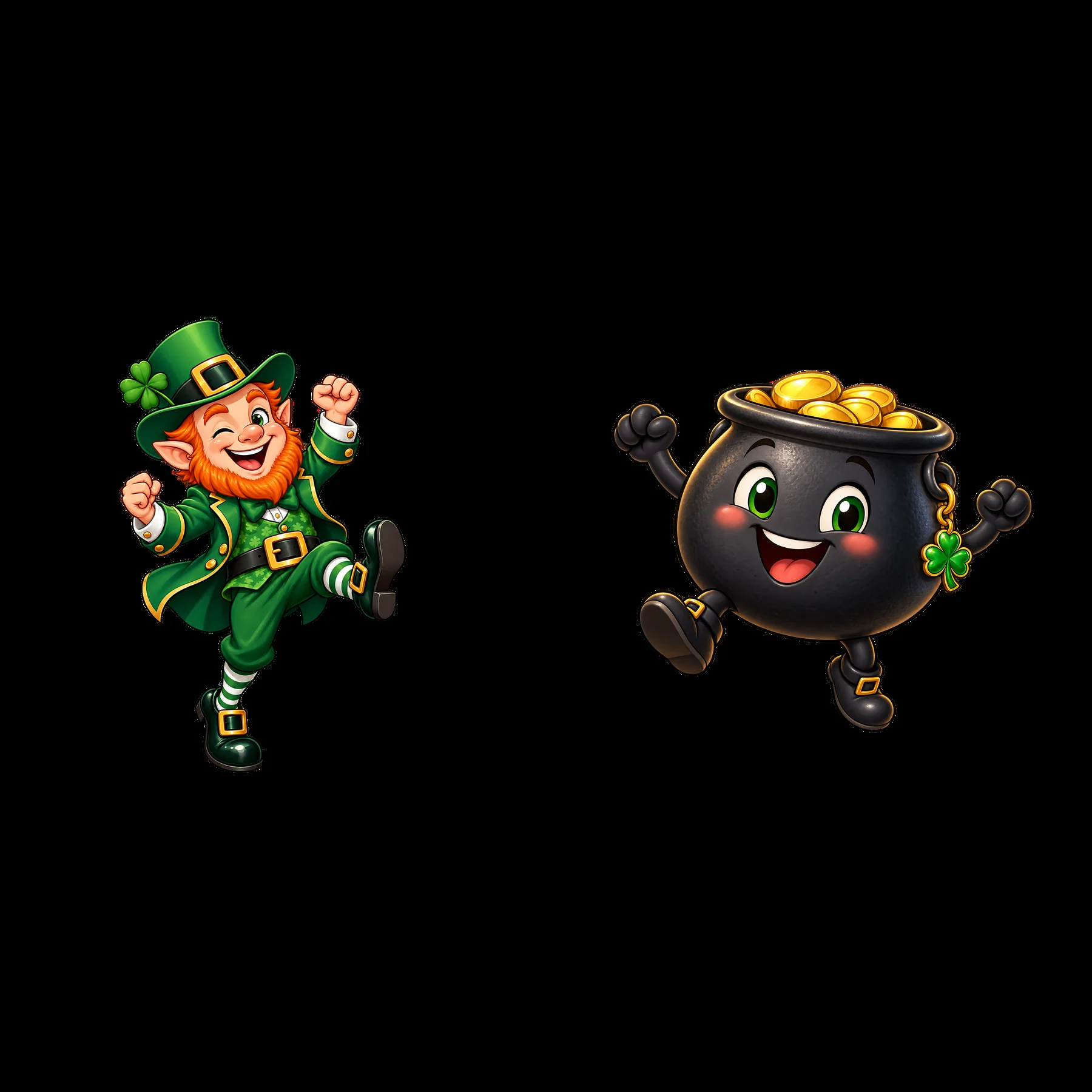 Leprechaun dancing with pot of gold for St. Patrick's Day - AI-generated stock image