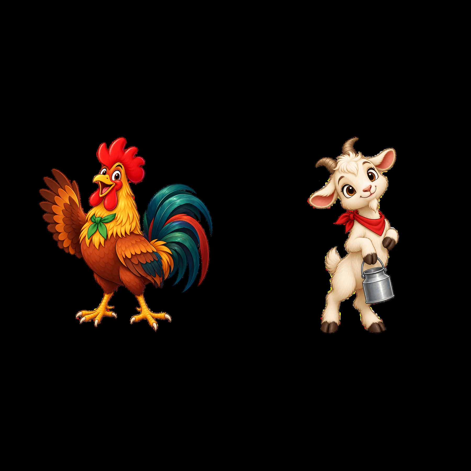Colorful rooster and playful goat character stickers for farm theme - AI-generated stock image