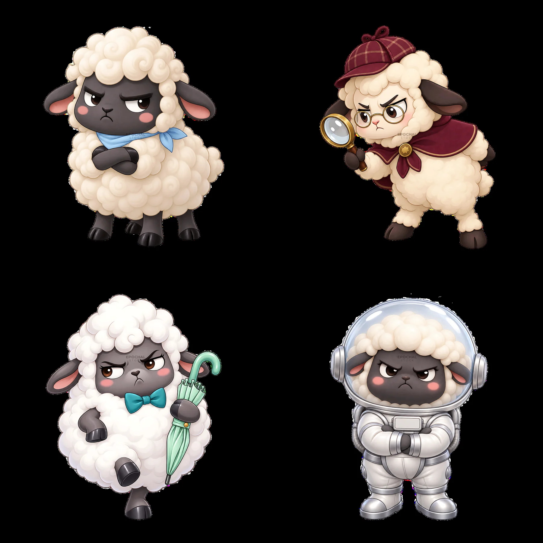 Kawaii grumpy sheep characters in various outfits and poses - AI-generated stock image