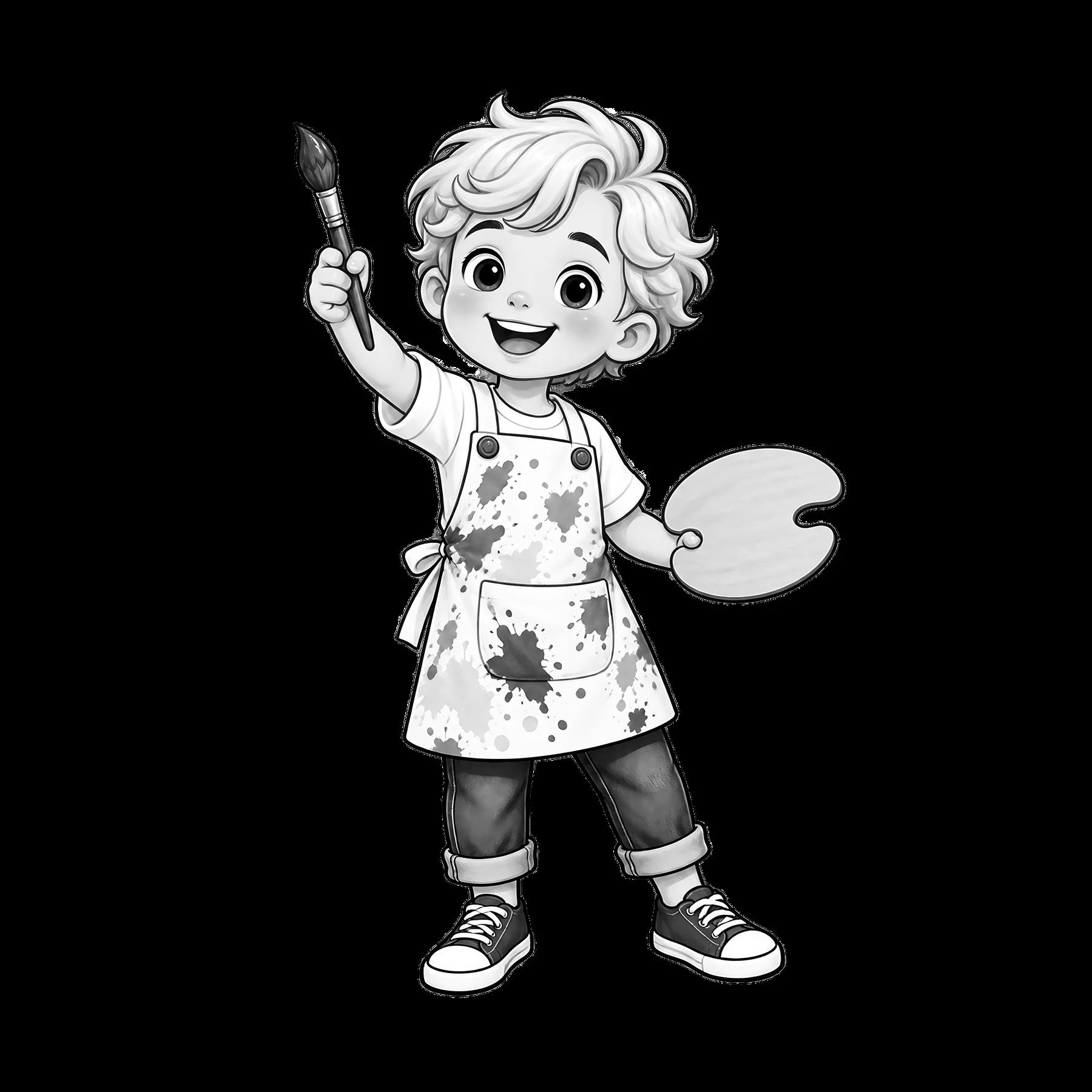 Blond child holding a paintbrush and palette standing happily - AI-generated stock image