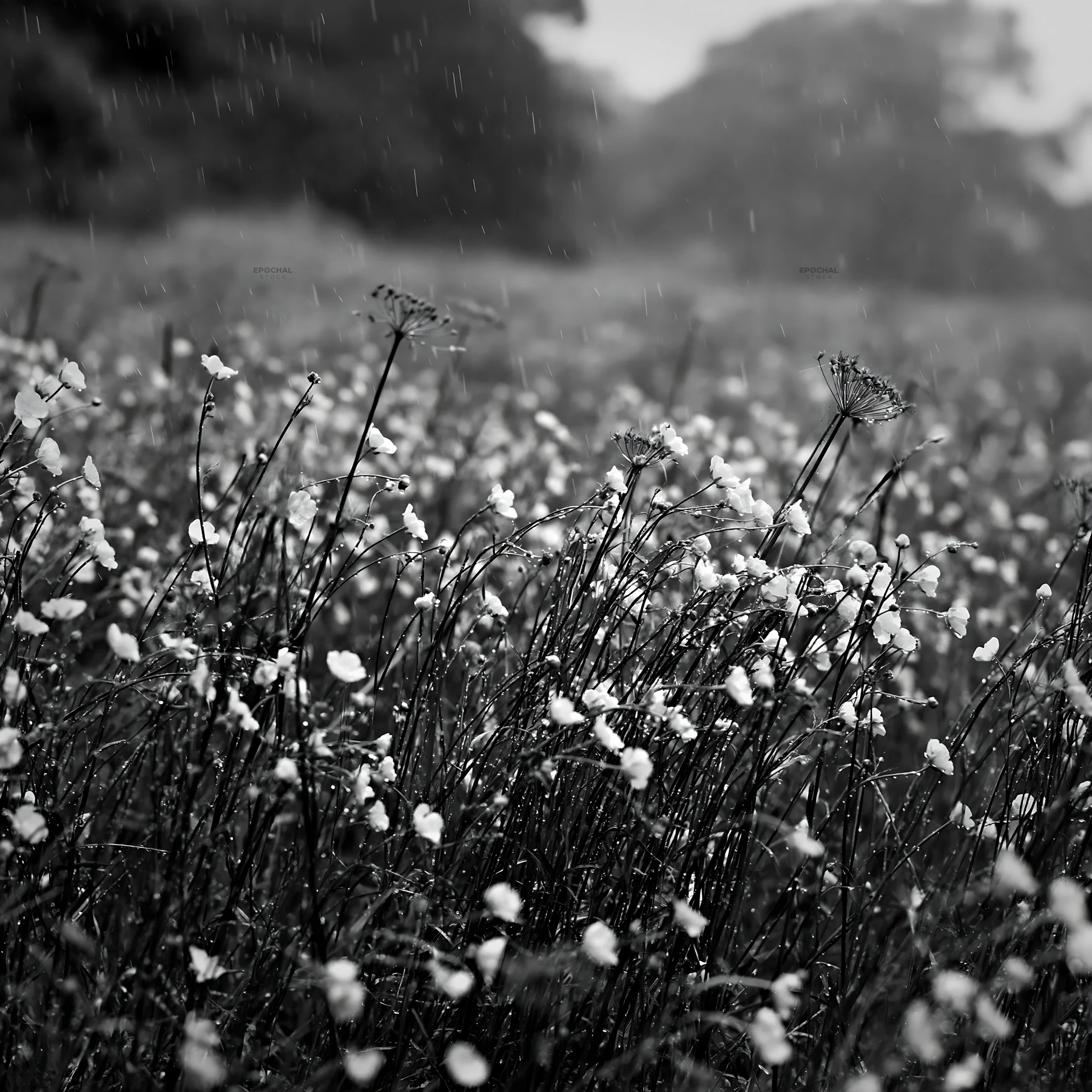 Buttercup meadow under rain in black and white - AI-generated stock image