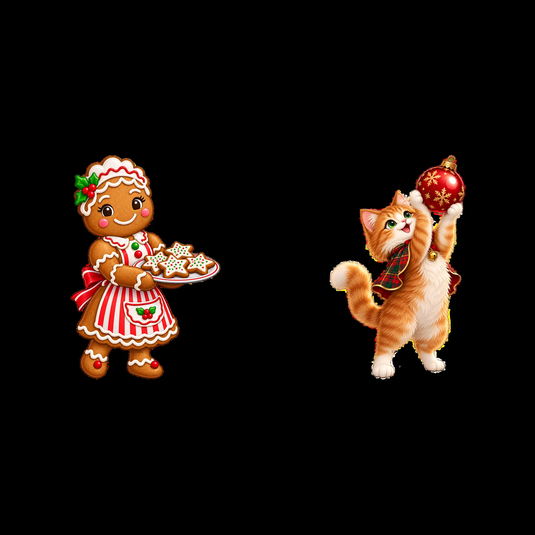 Gingerbread girl with cookies and cat holding Christmas ornament - AI-generated stock image