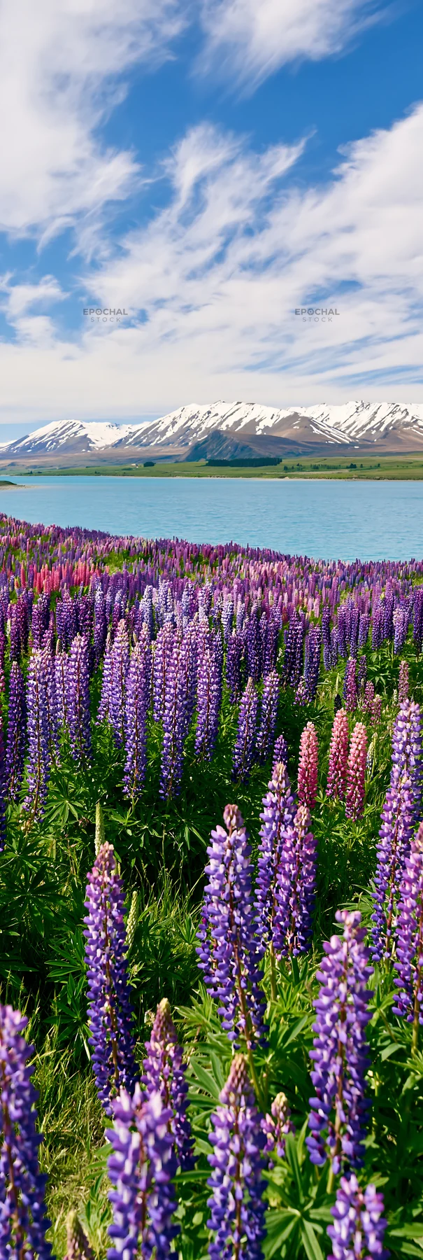 Lake Tekapo meadow with snowy Alps - AI-generated stock image