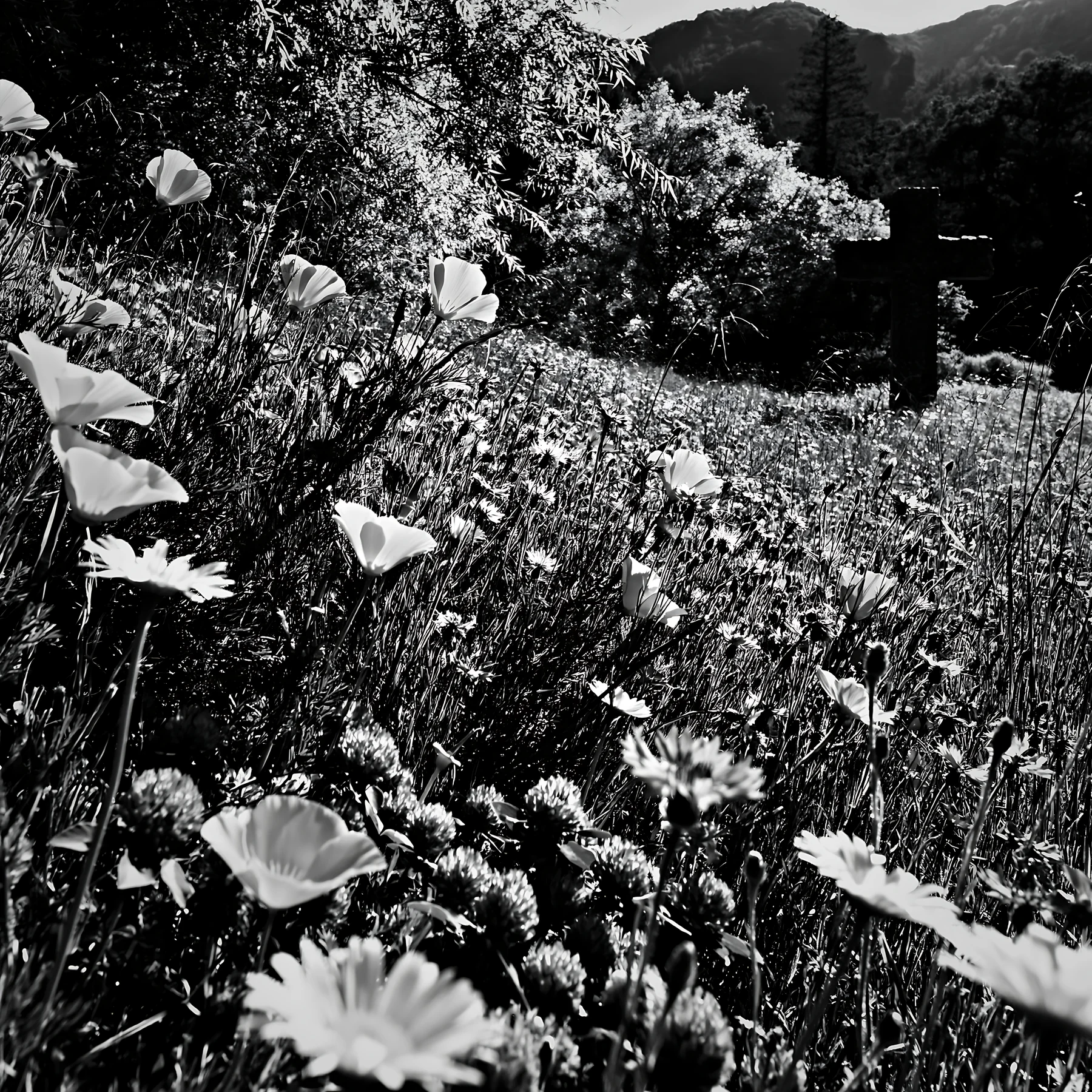 Christian cross in meadow with flowers and mountains - AI-generated stock image