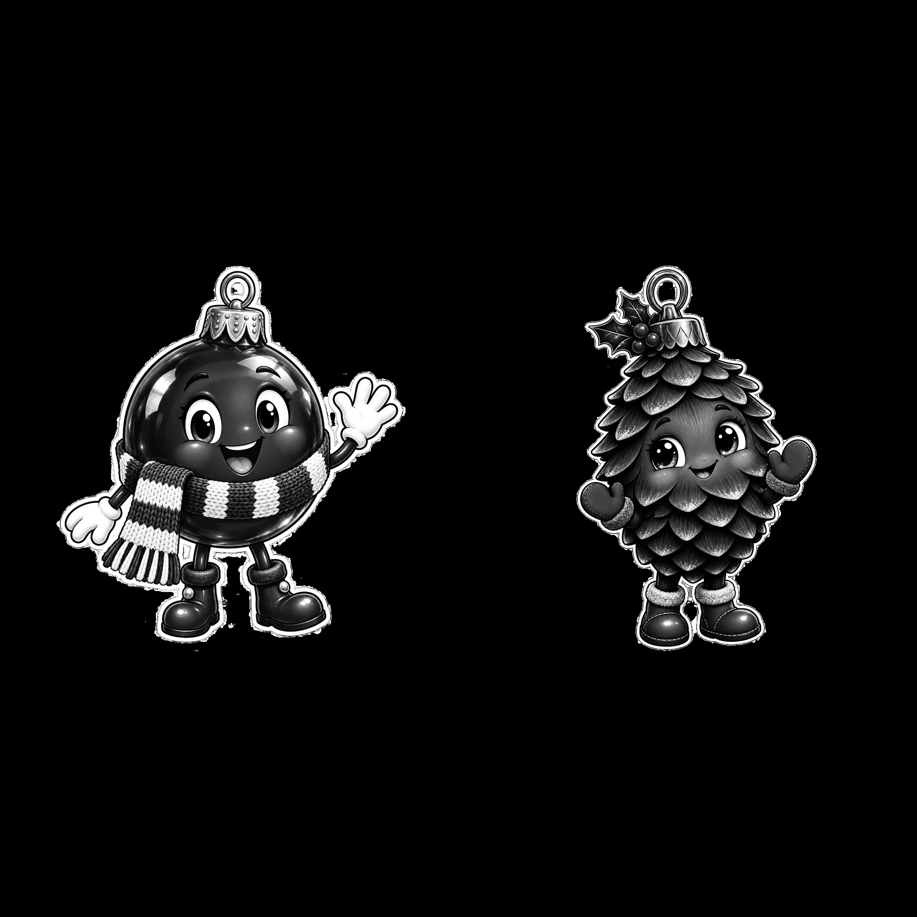 Christmas ornaments cartoon characters waving and smiling - AI-generated stock image