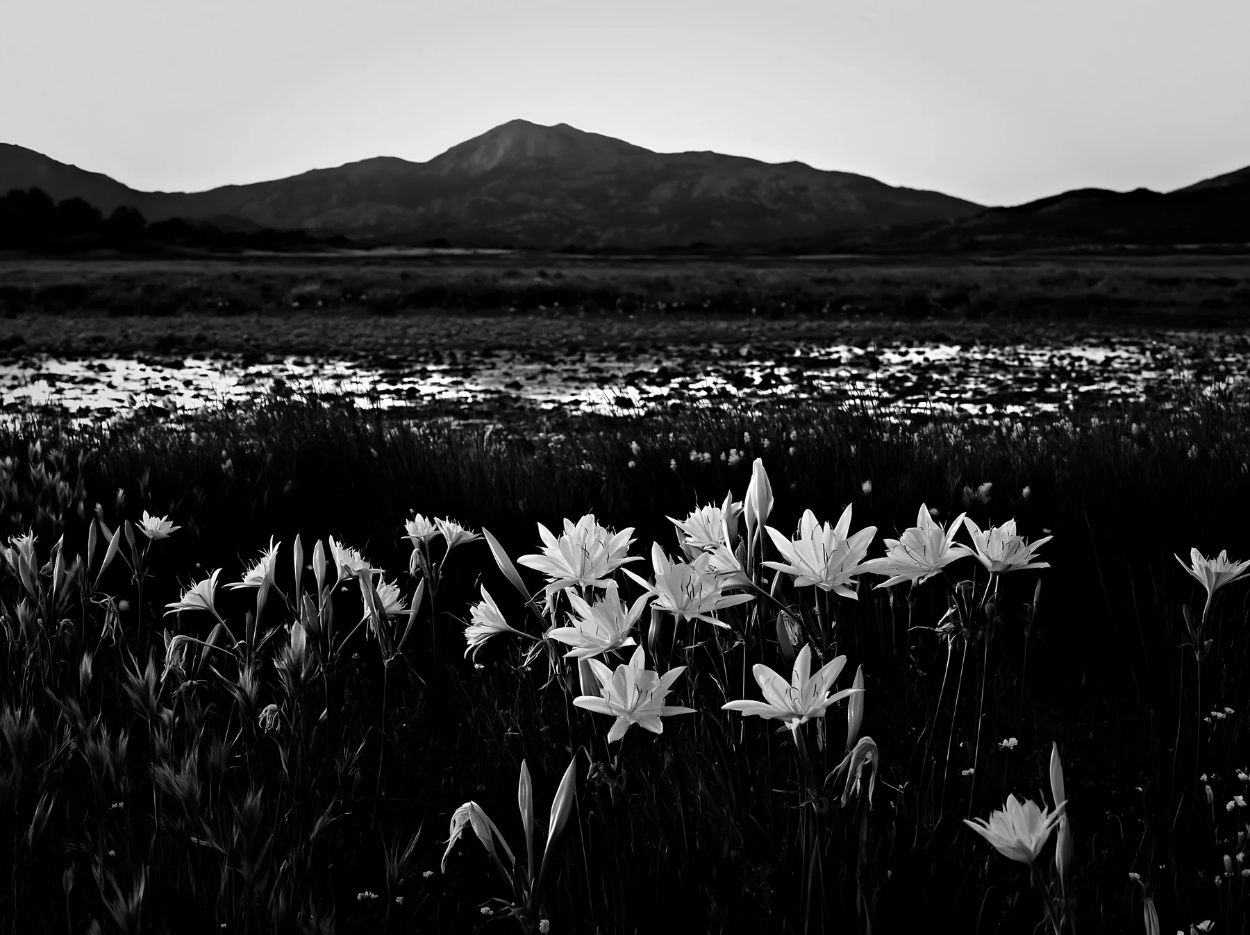 Night-blooming meadow with flowers and mountains in the background - AI-generated stock image