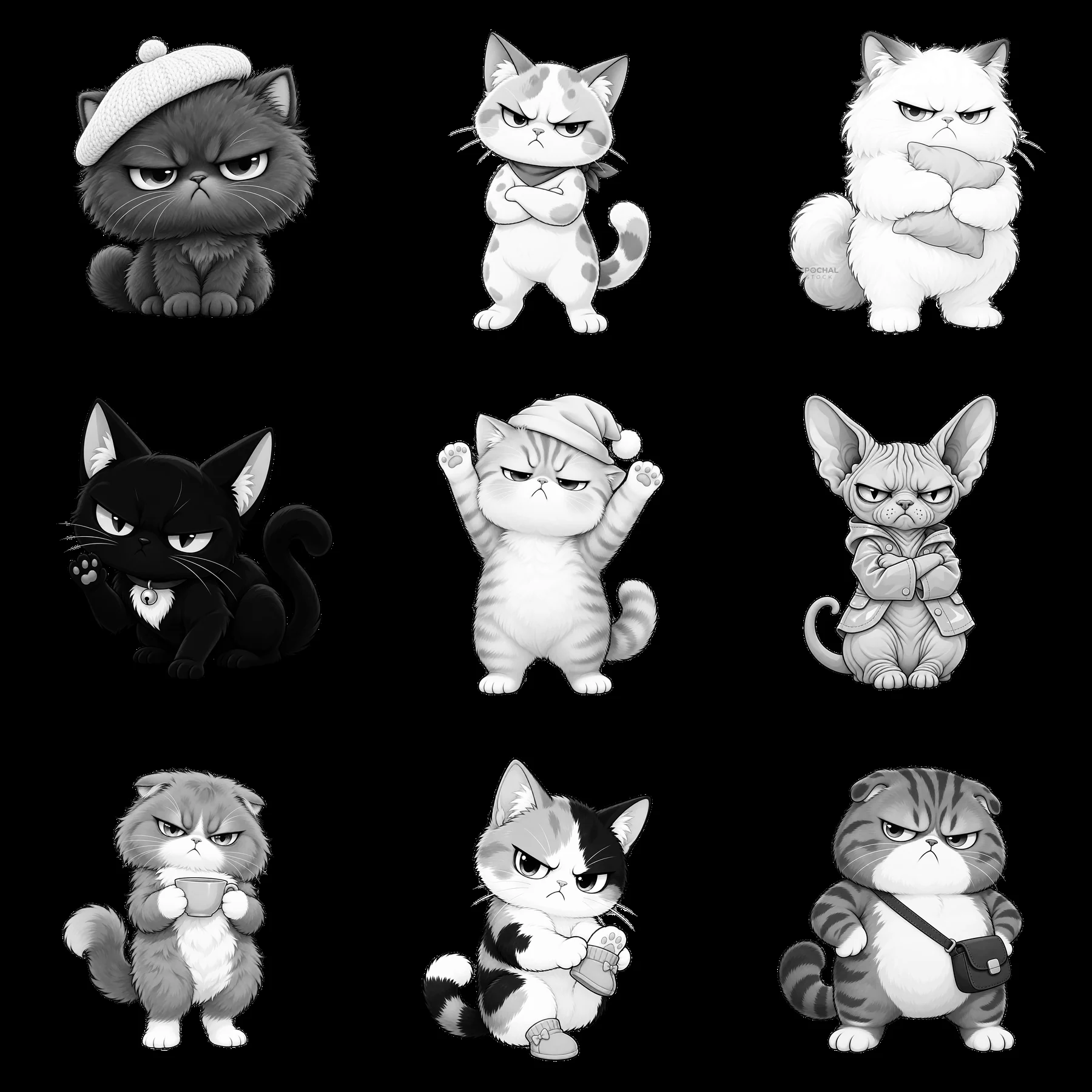 Kawaii grumpy cat sticker illustration in a 3x3 grid layout - AI-generated stock image