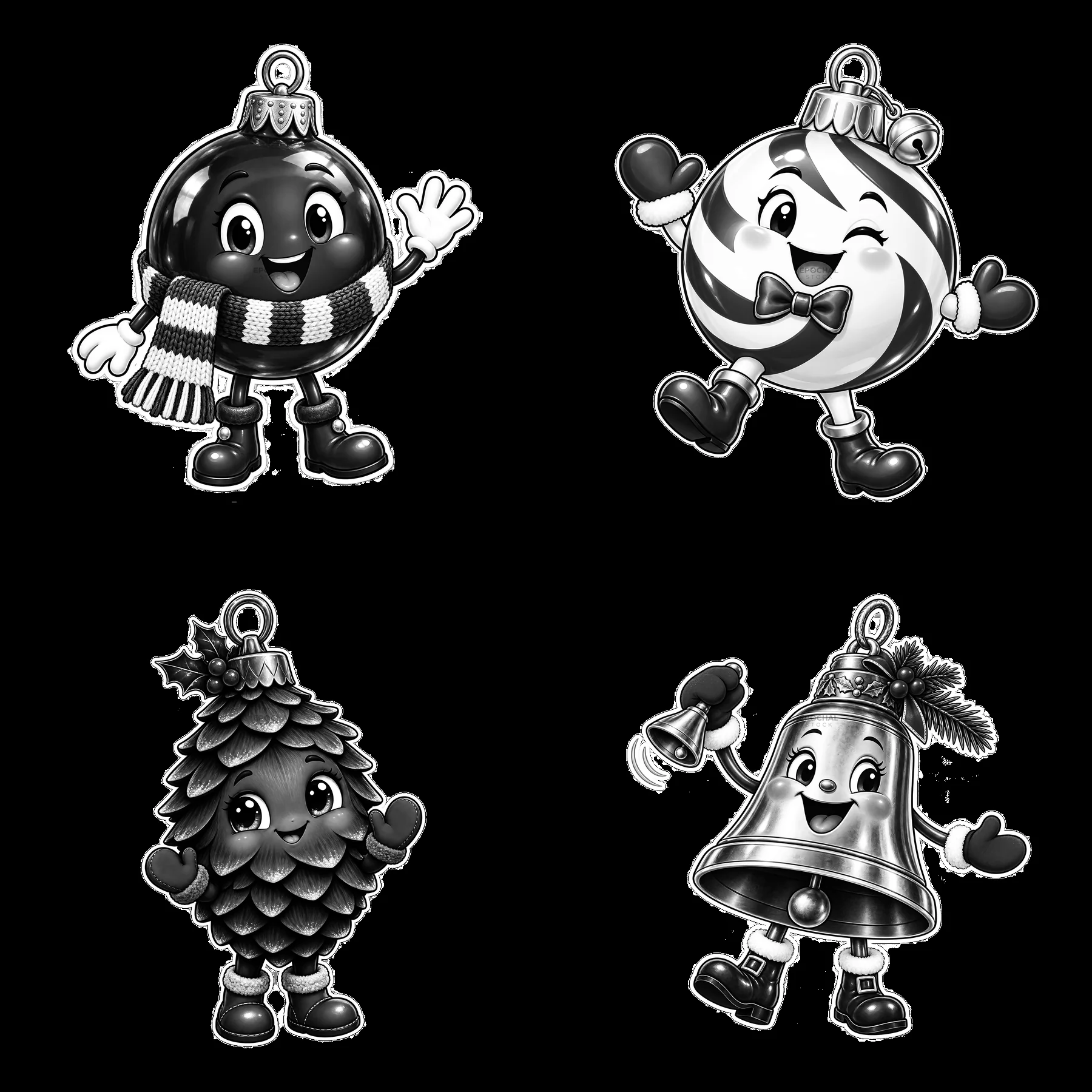 Cartoon Christmas ornaments featuring diverse characters and designs - AI-generated stock image