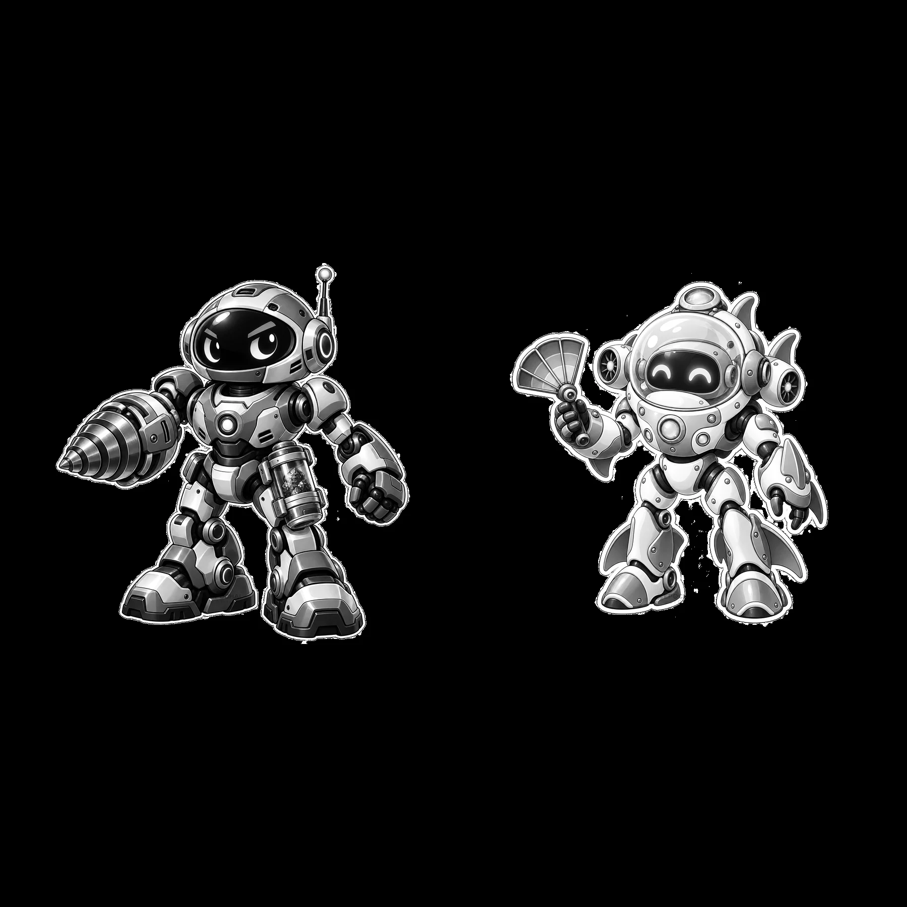 Cartoon mech robots with drill and fan pose in dynamic stance - AI-generated stock image