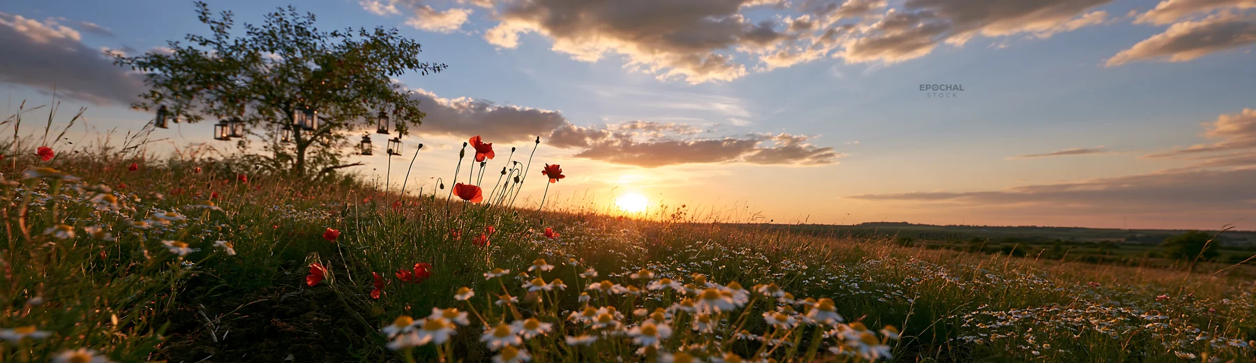 Sunset over apple tree meadow with flowers and lanterns - AI-generated stock image
