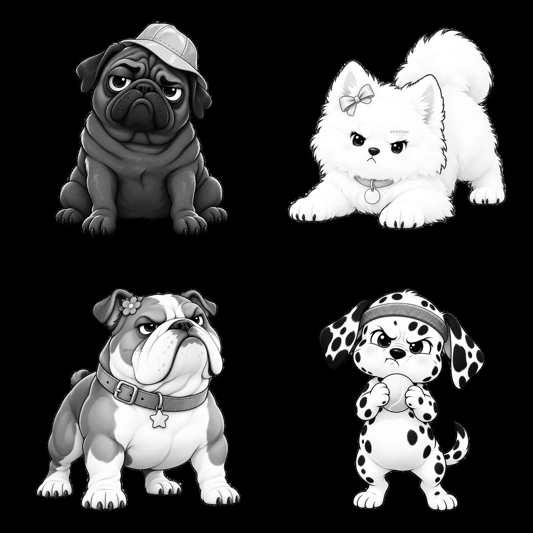 Kawaii grumpy dog characters in a 2x2 cartoon sticker layout - AI-generated stock image
