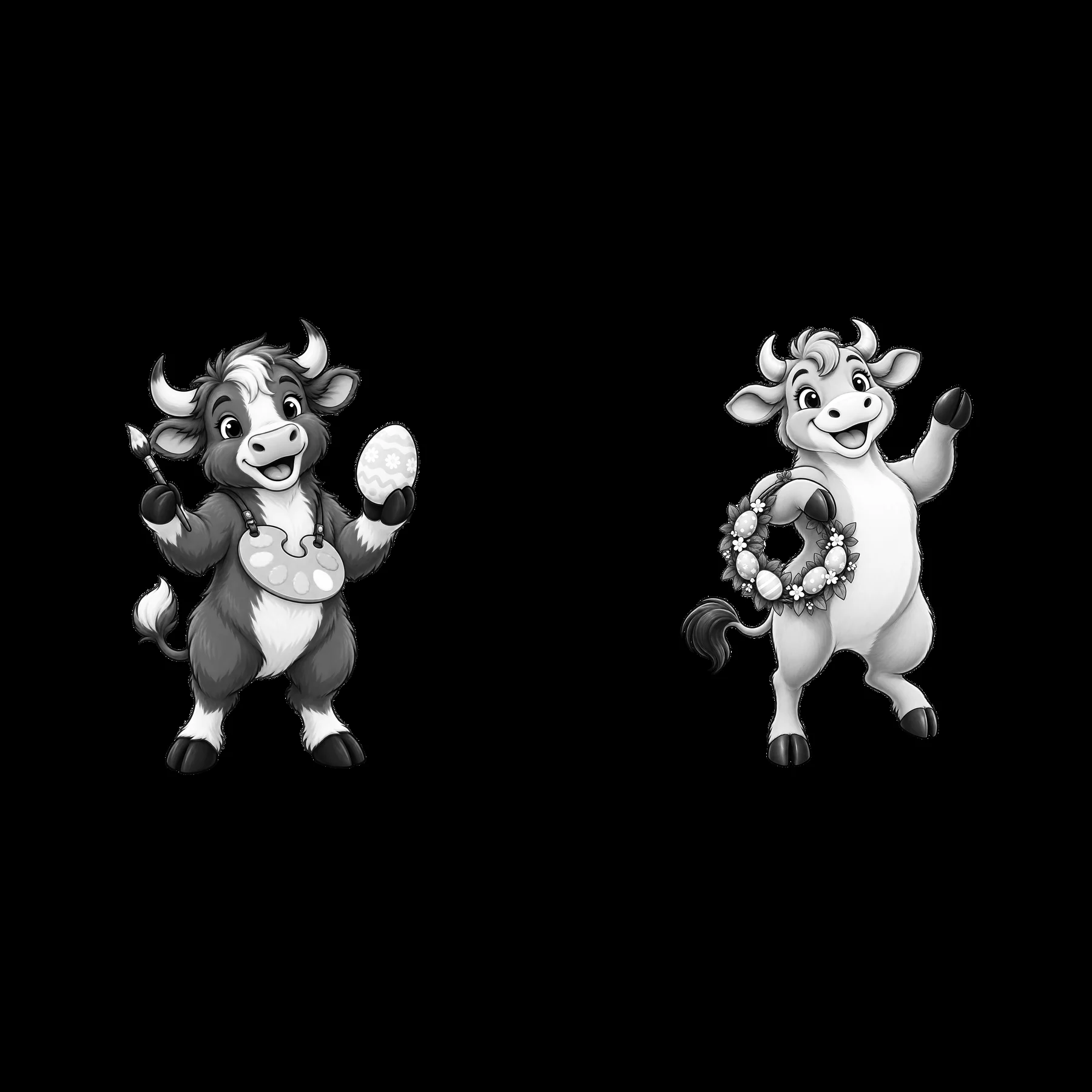 Easter oxes holding eggs and a flower wreath in black and white - AI-generated stock image