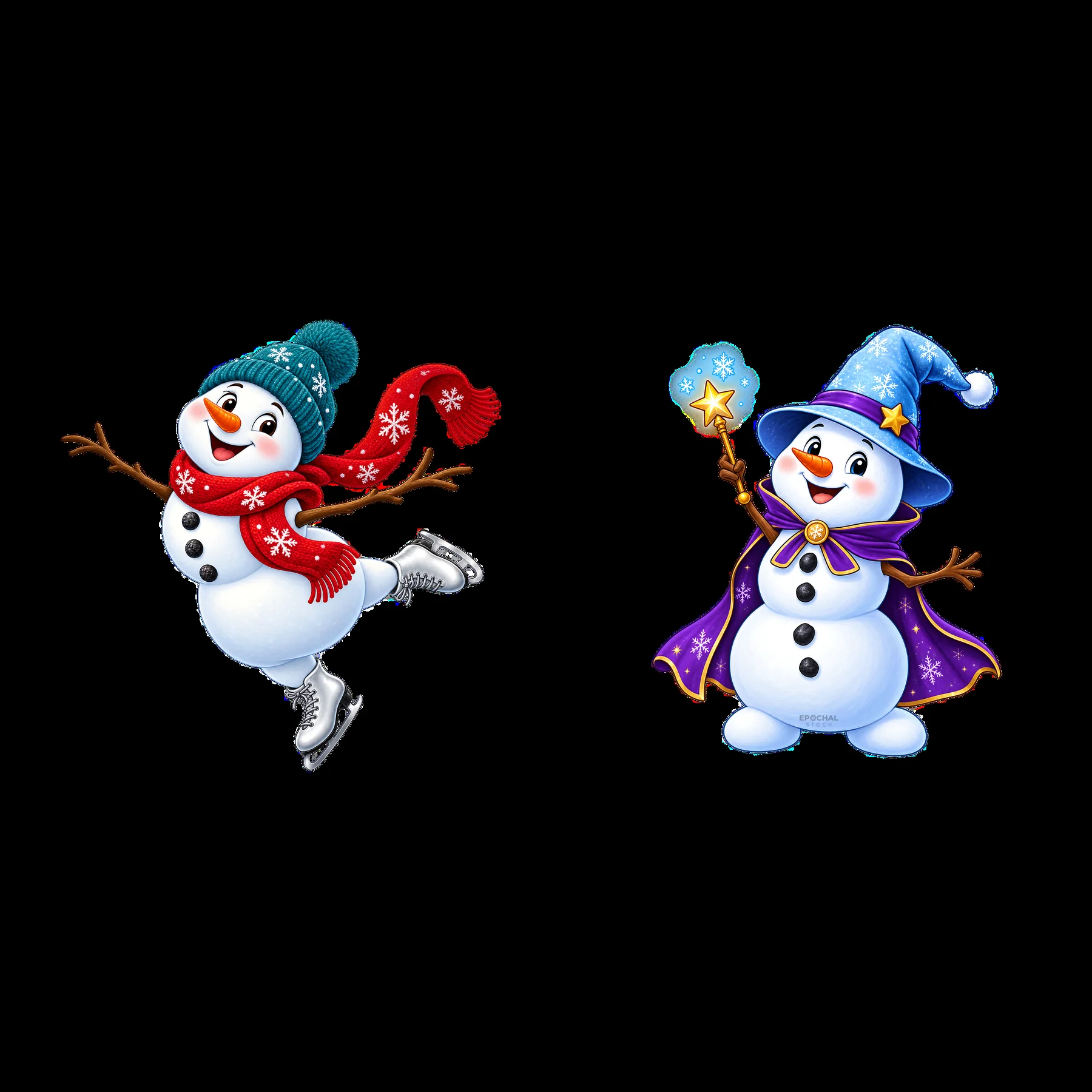 Cheerful snowman skating and magical snowman with wand - AI-generated stock image