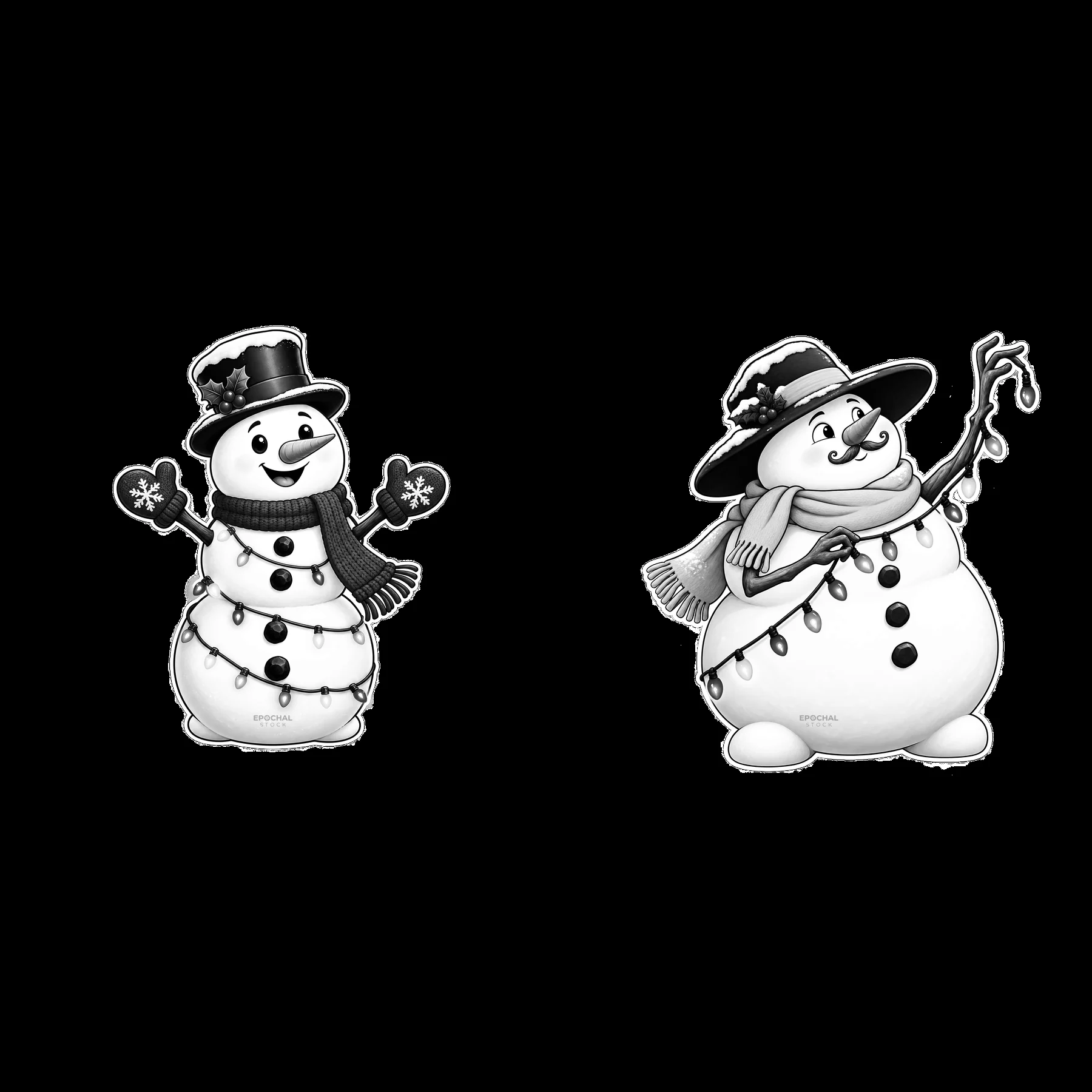 Snowmen with string lights and hats in black-and-white design - AI-generated stock image