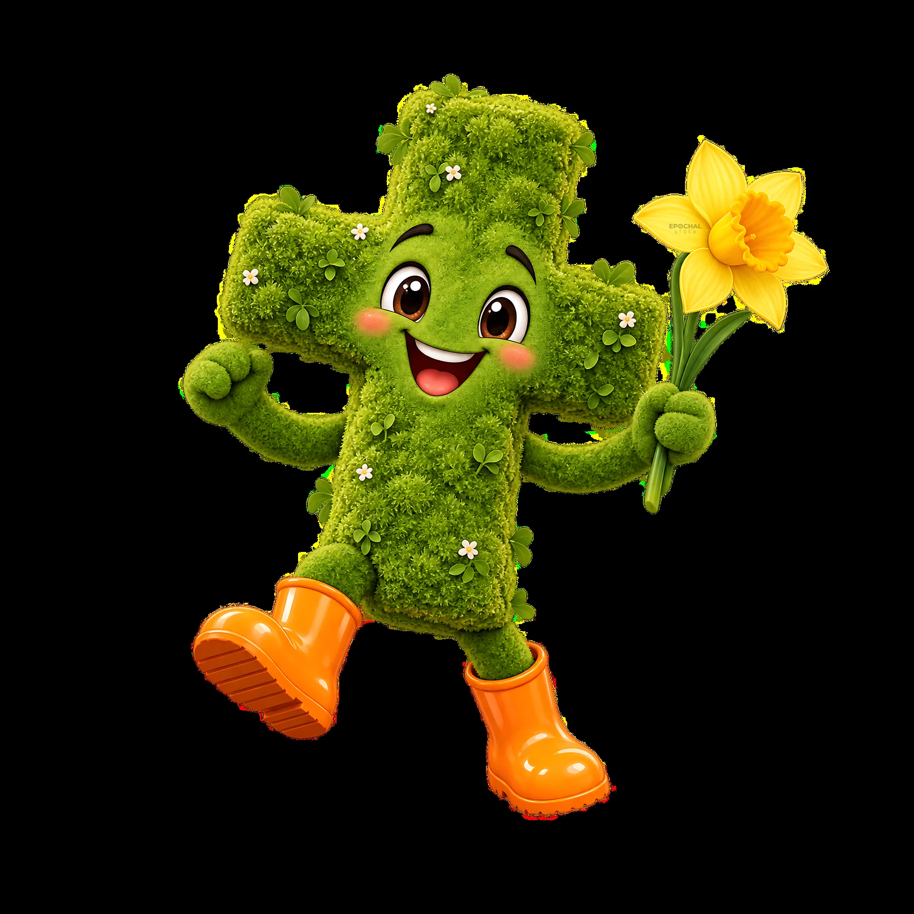 Happy green cross character holds a flower in rubber boots - AI-generated stock image