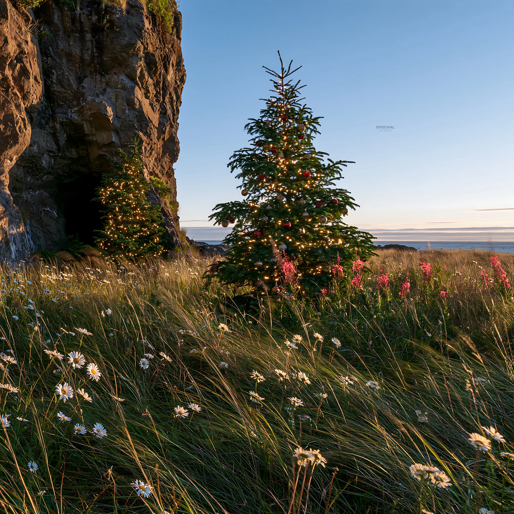 Christmas tree with ornaments in meadow by cave - AI-generated stock image