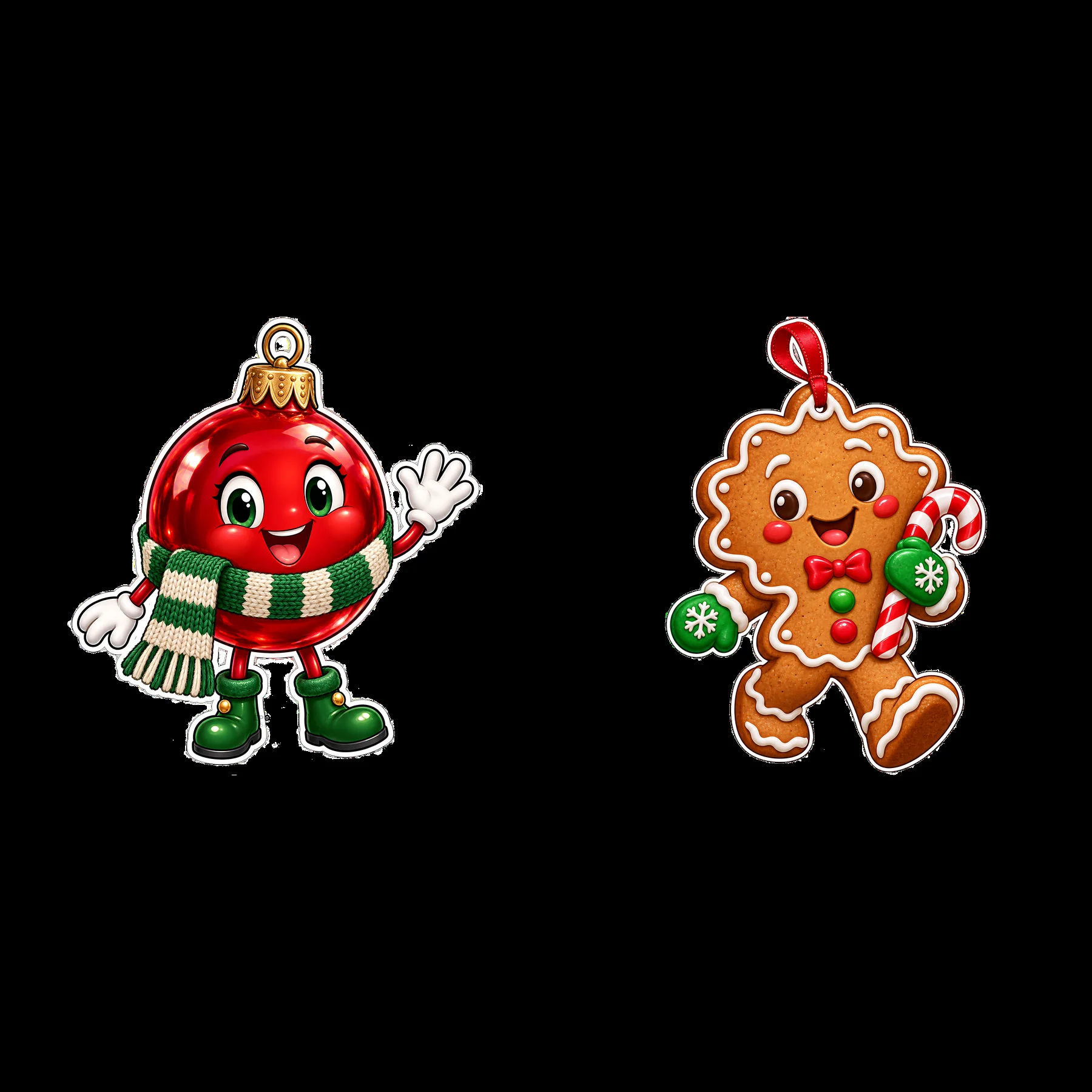 Christmas ornament characters with gingerbread cookie and bauble - AI-generated stock image