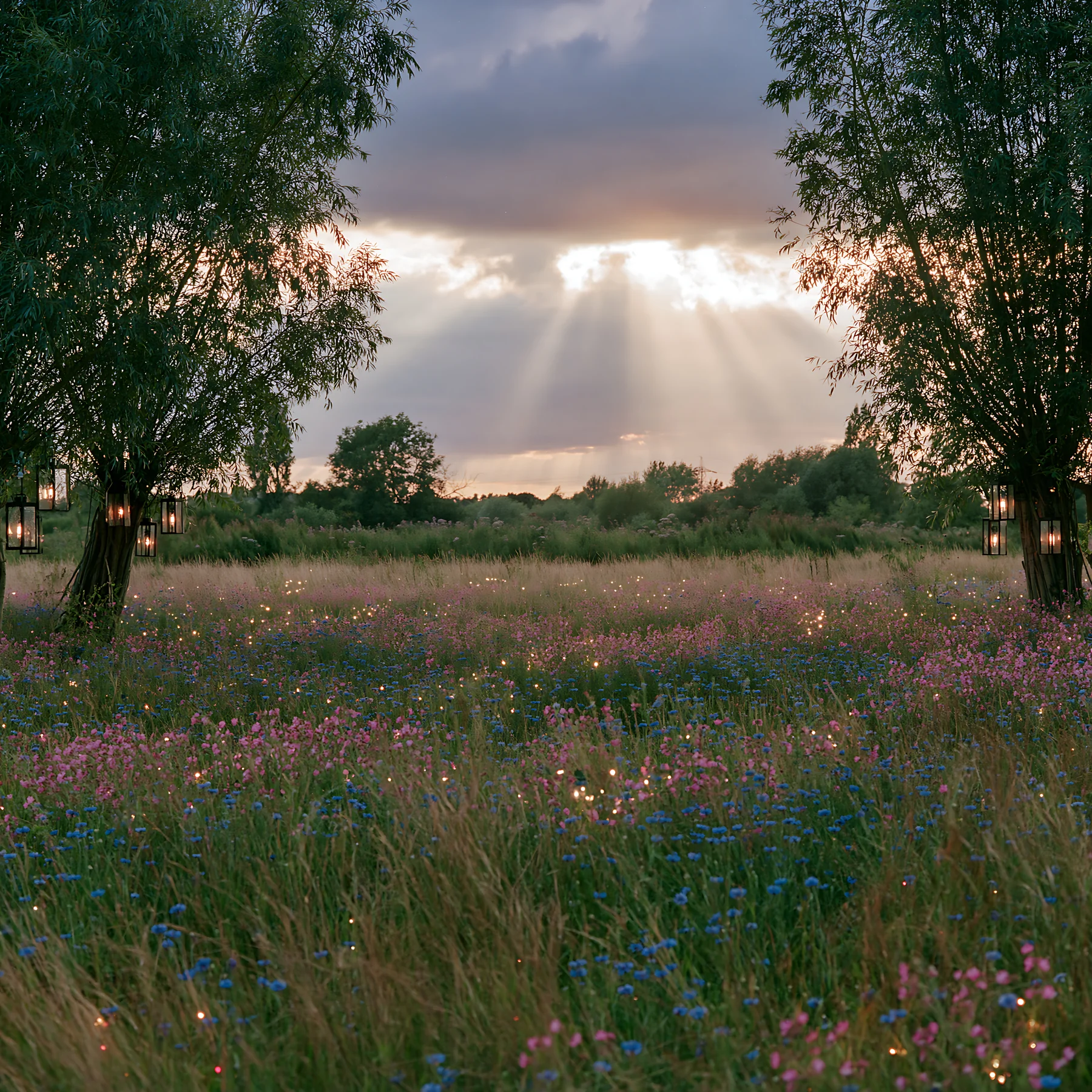 Meadow with Christmas lights and sunbeams filtering through clouds - AI-generated stock image