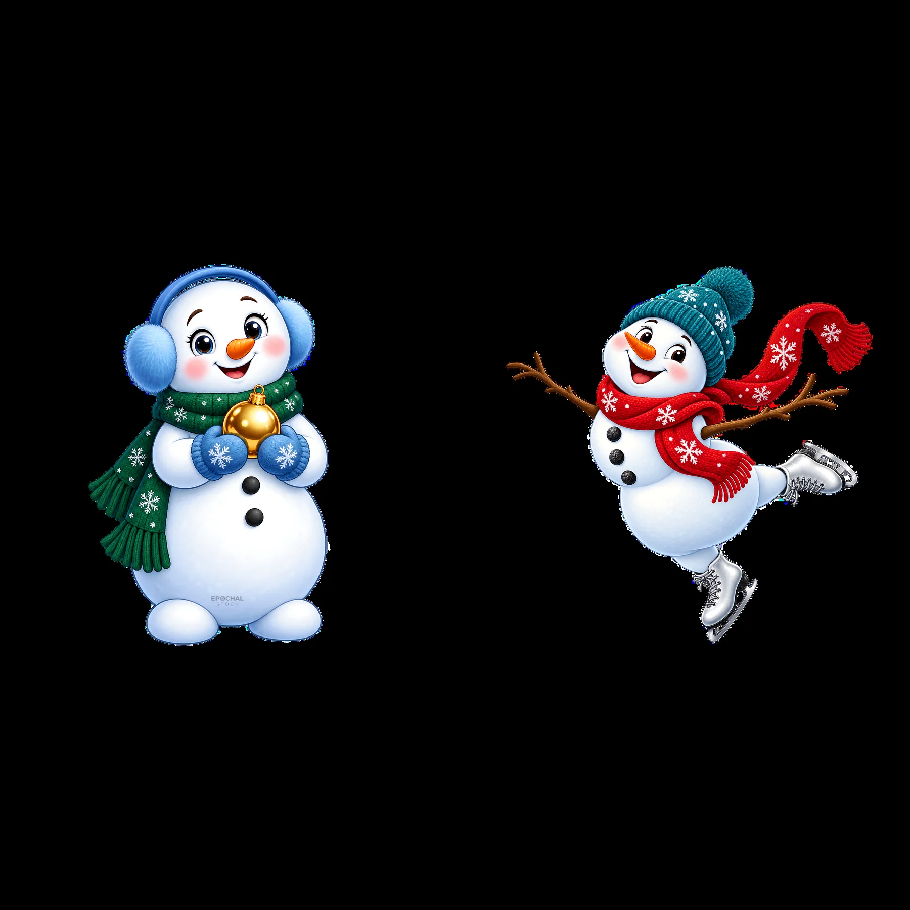 Snowman with bell and ice skater snowman in a winter scene - AI-generated stock image