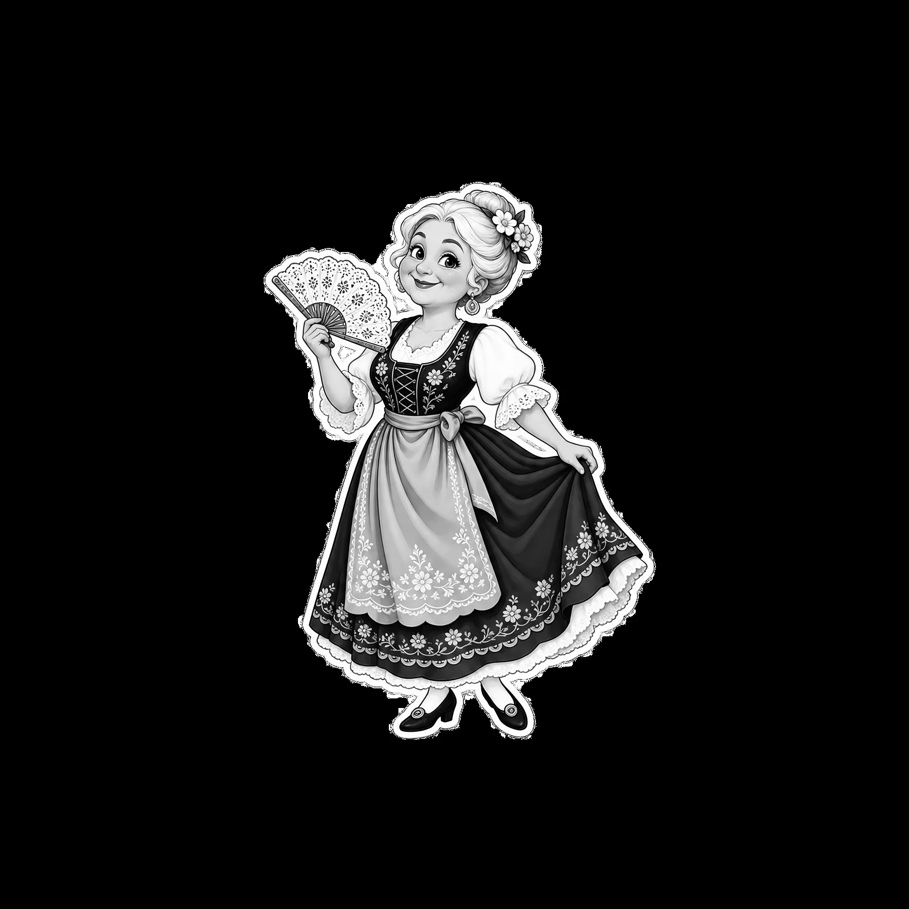Woman in traditional folk dress holding a fan - AI-generated stock image