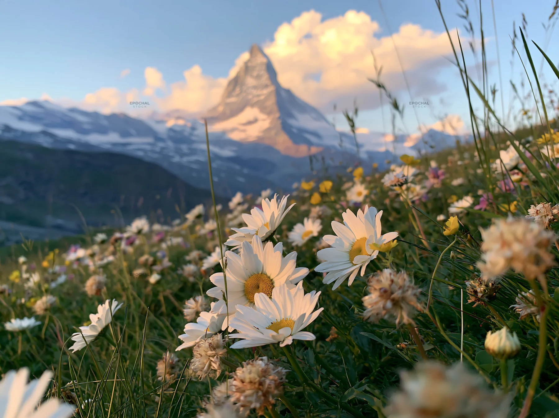 Wildflowers bloom in meadow near Matterhorn mountain - AI-generated stock image