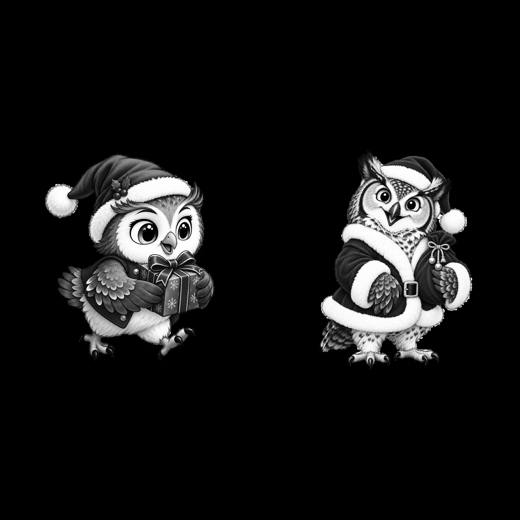 Christmas owls in Santa hats holding gifts - AI-generated stock image