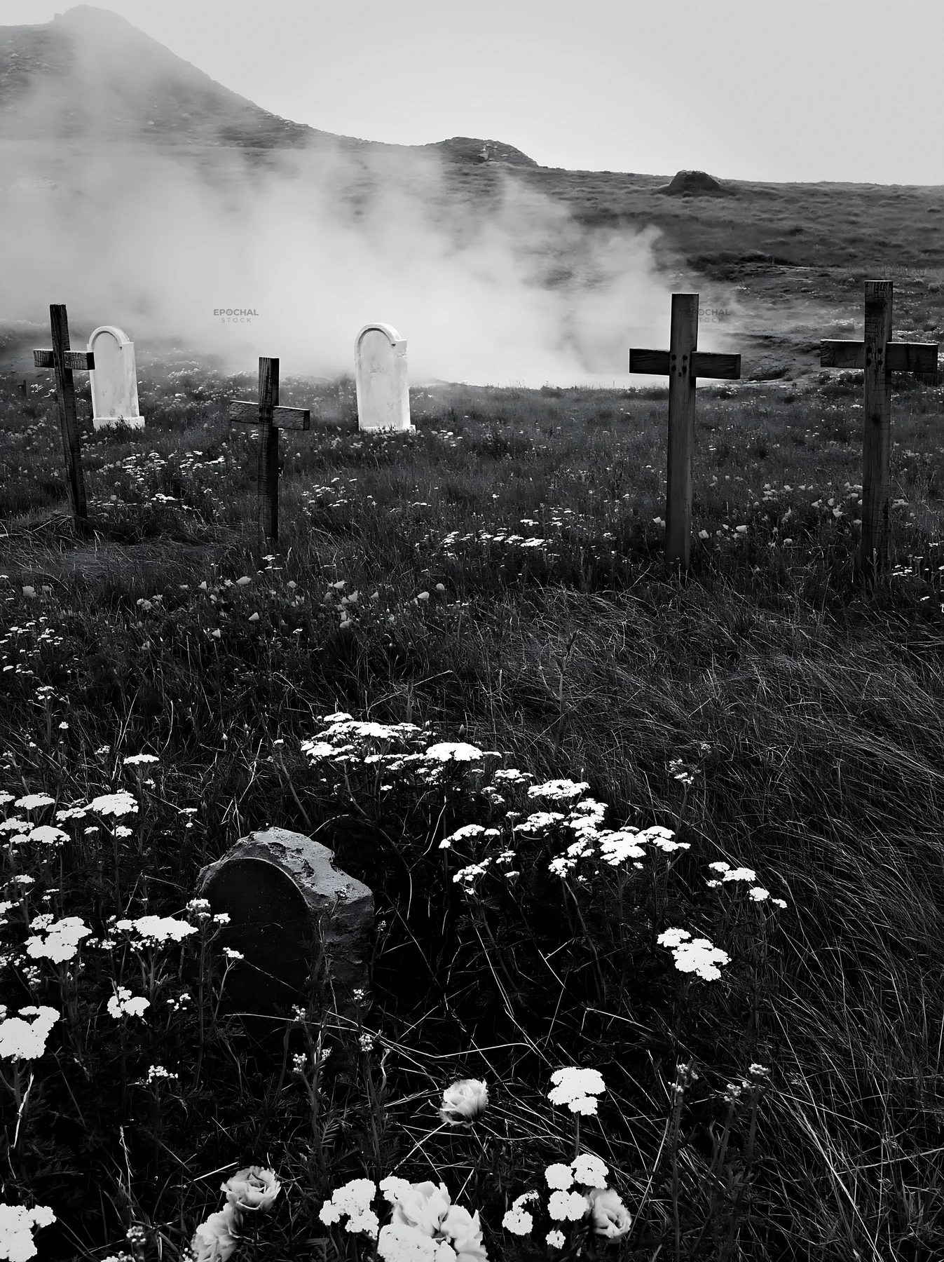 Christian crosses near geothermal spring in meadow - AI-generated stock image