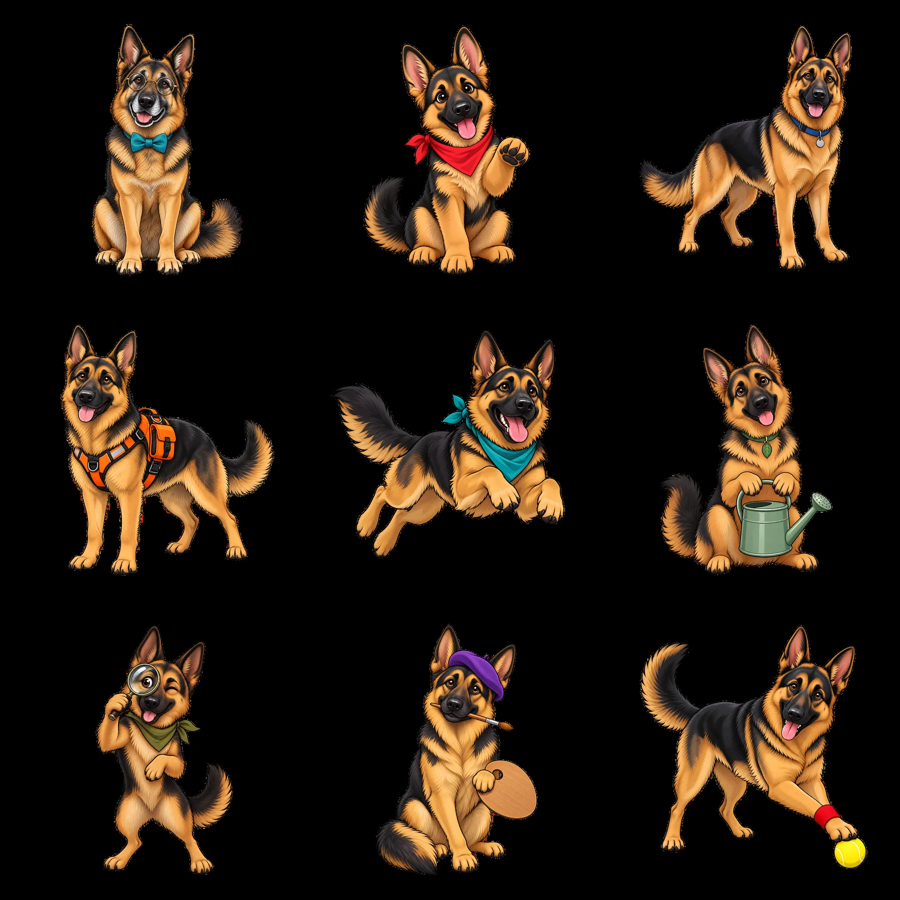 German shepherd dog stickers in various playful poses - AI-generated stock image
