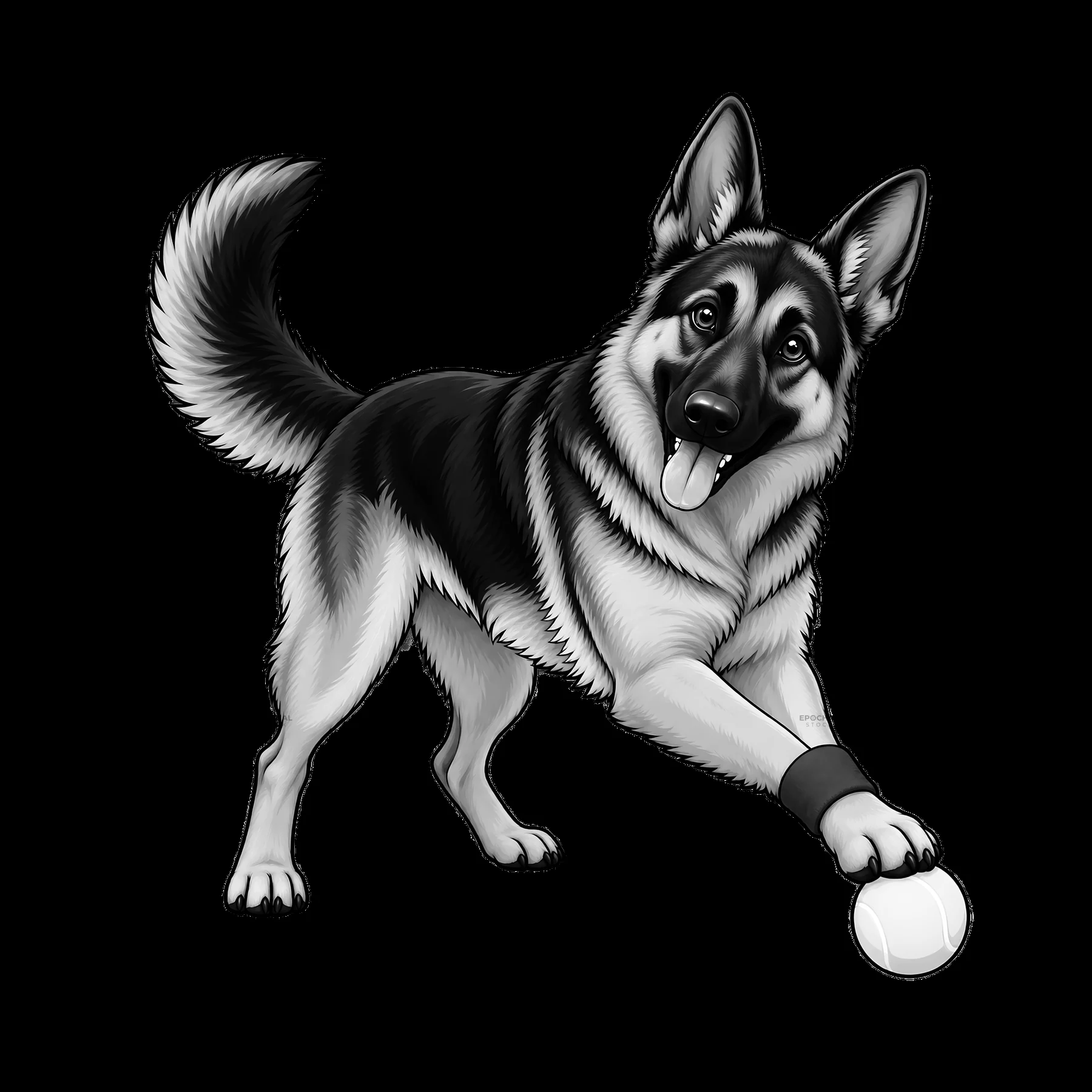 German Shepherd dog playing with a ball in black and white - AI-generated stock image