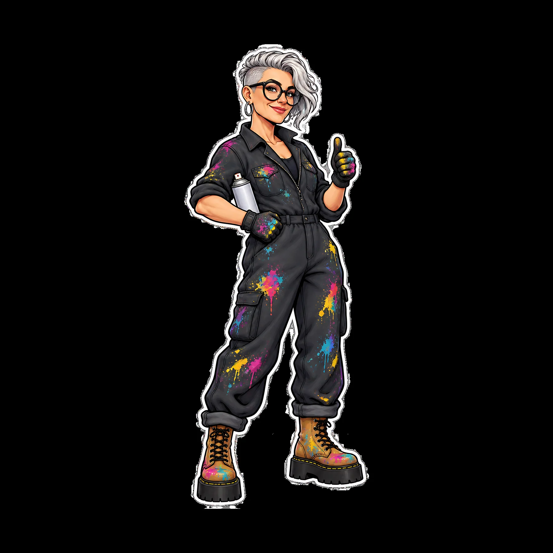 Graffiti sprayer in colorful attire with thumbs up gesture - AI-generated stock image