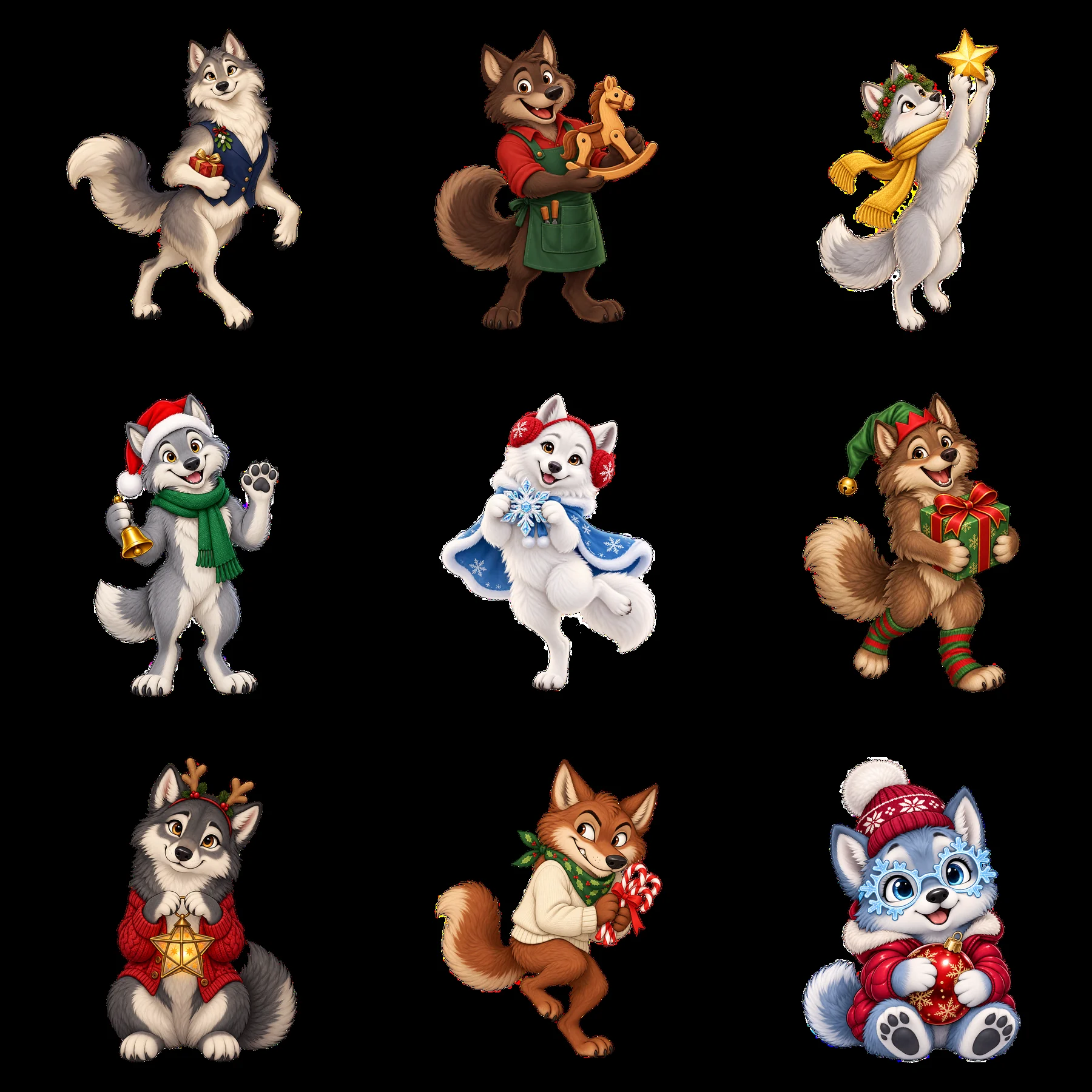 Christmas wolf sticker collection with festive characters - AI-generated stock image