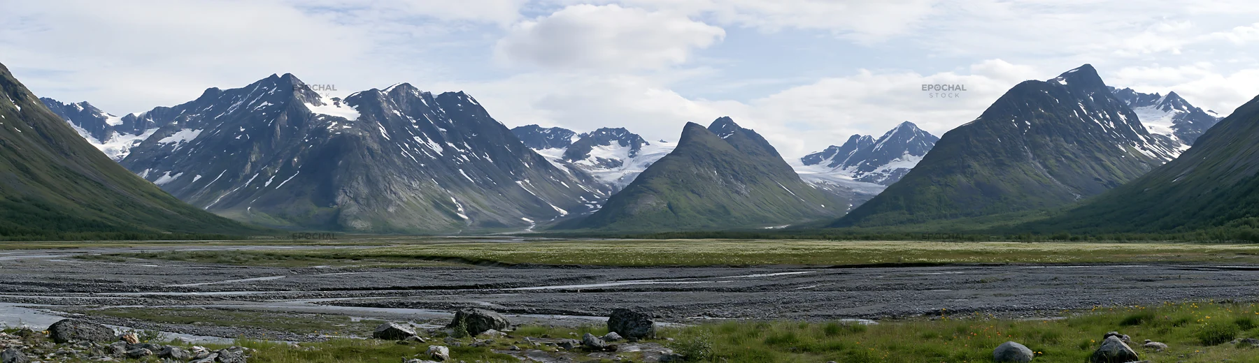 Regenerative meadow in a mountain valley under a blue sky - AI-generated stock image