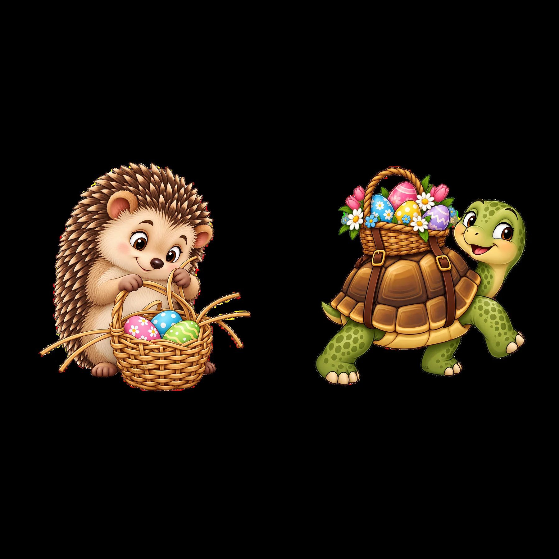 Hedgehog and turtle preparing Easter basket with colorful eggs - AI-generated stock image