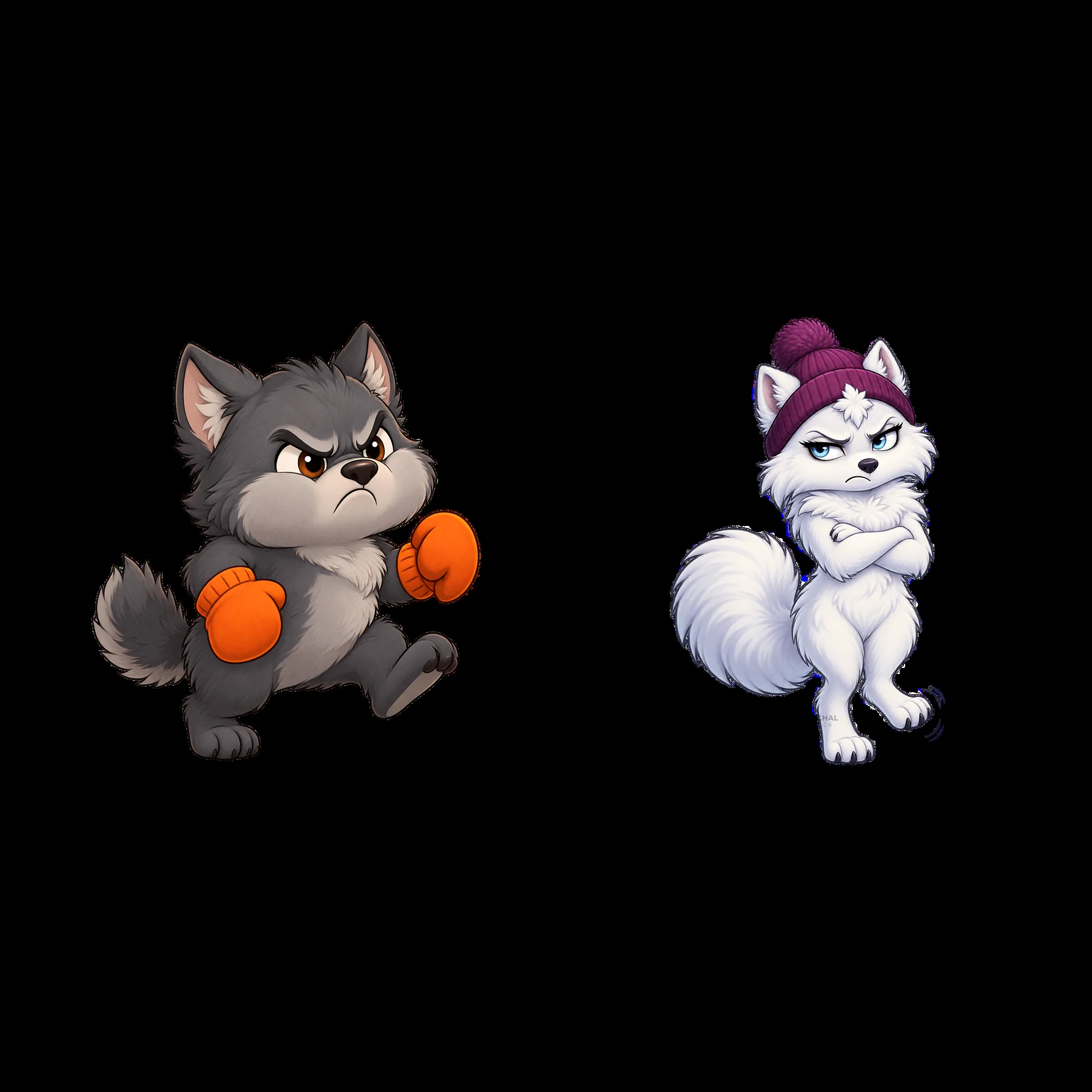 Grumpy wolf characters with boxing gloves and a hat - AI-generated stock image