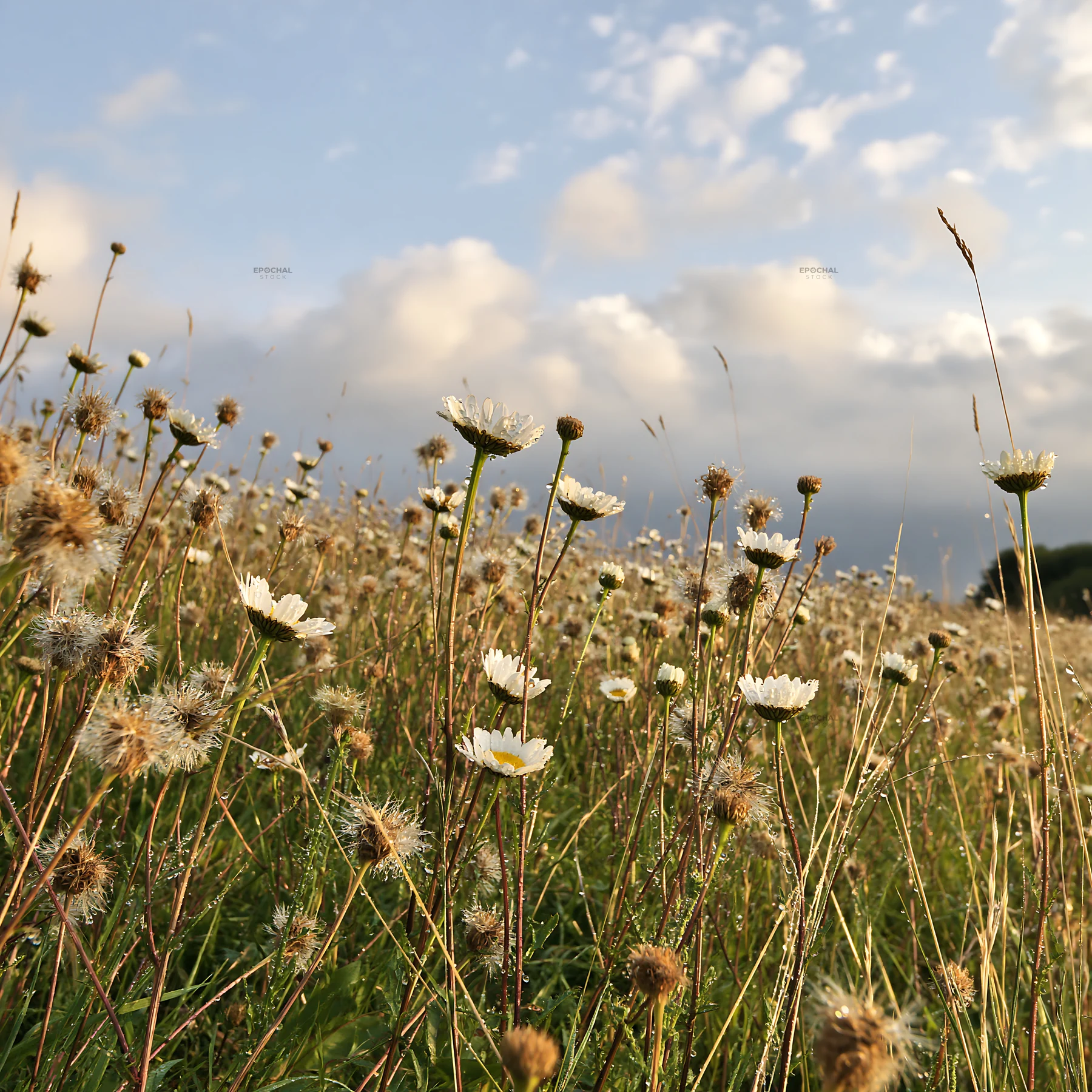 Seedheads and flowers in a meadow under cloudy sky - AI-generated stock image