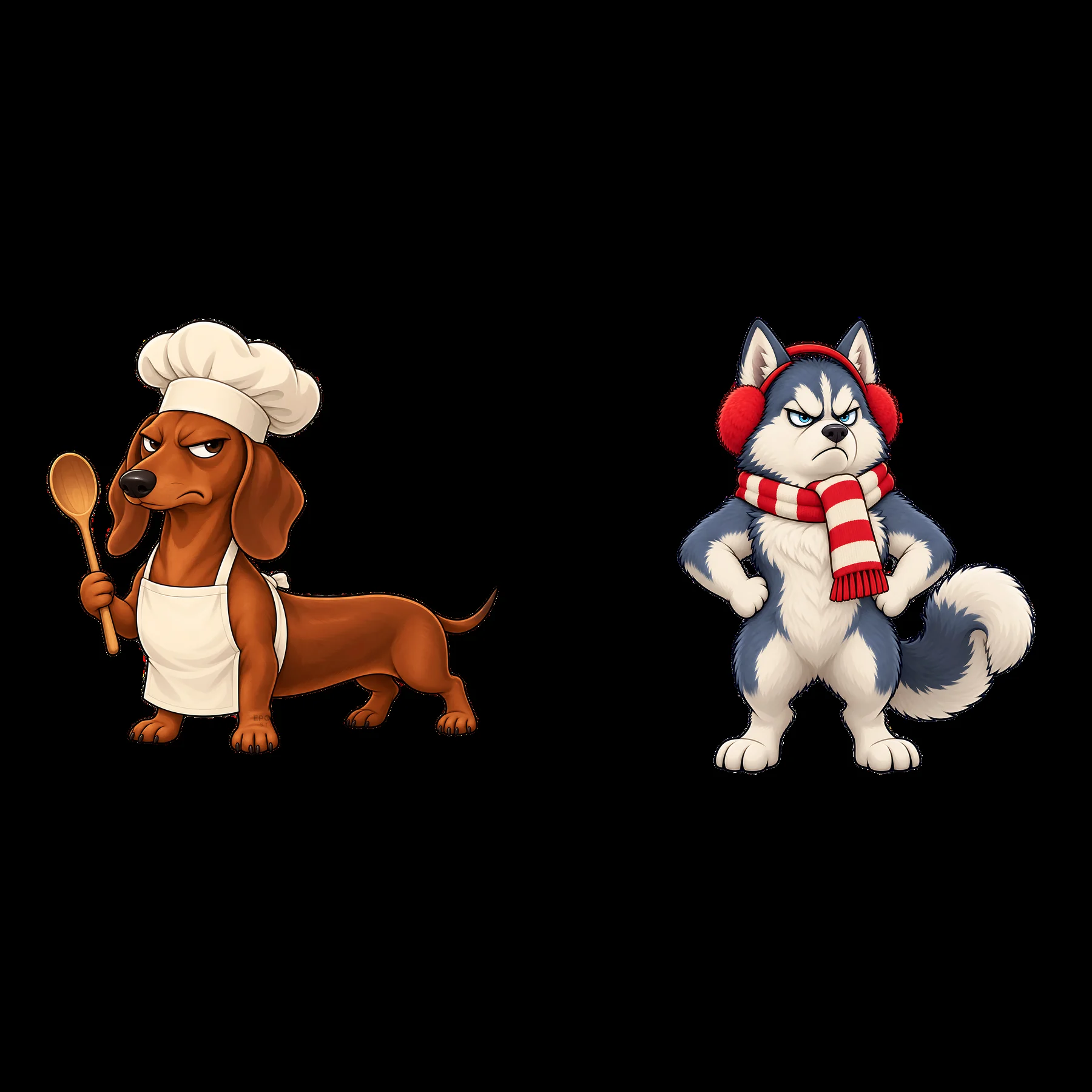 Grumpy dog chef with spoon and husky in winter attire - AI-generated stock image