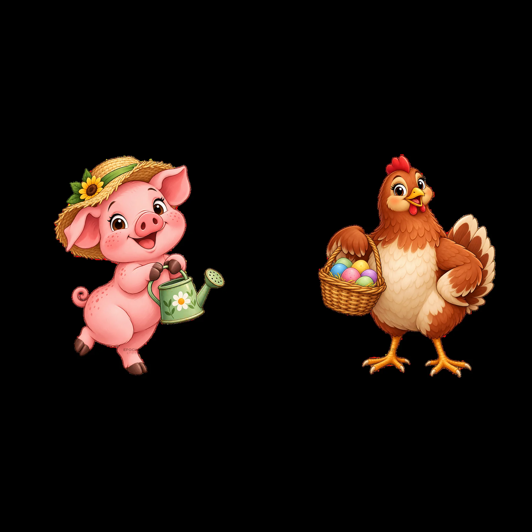 Cheerful pig watering plants and hen holding basket of eggs - AI-generated stock image