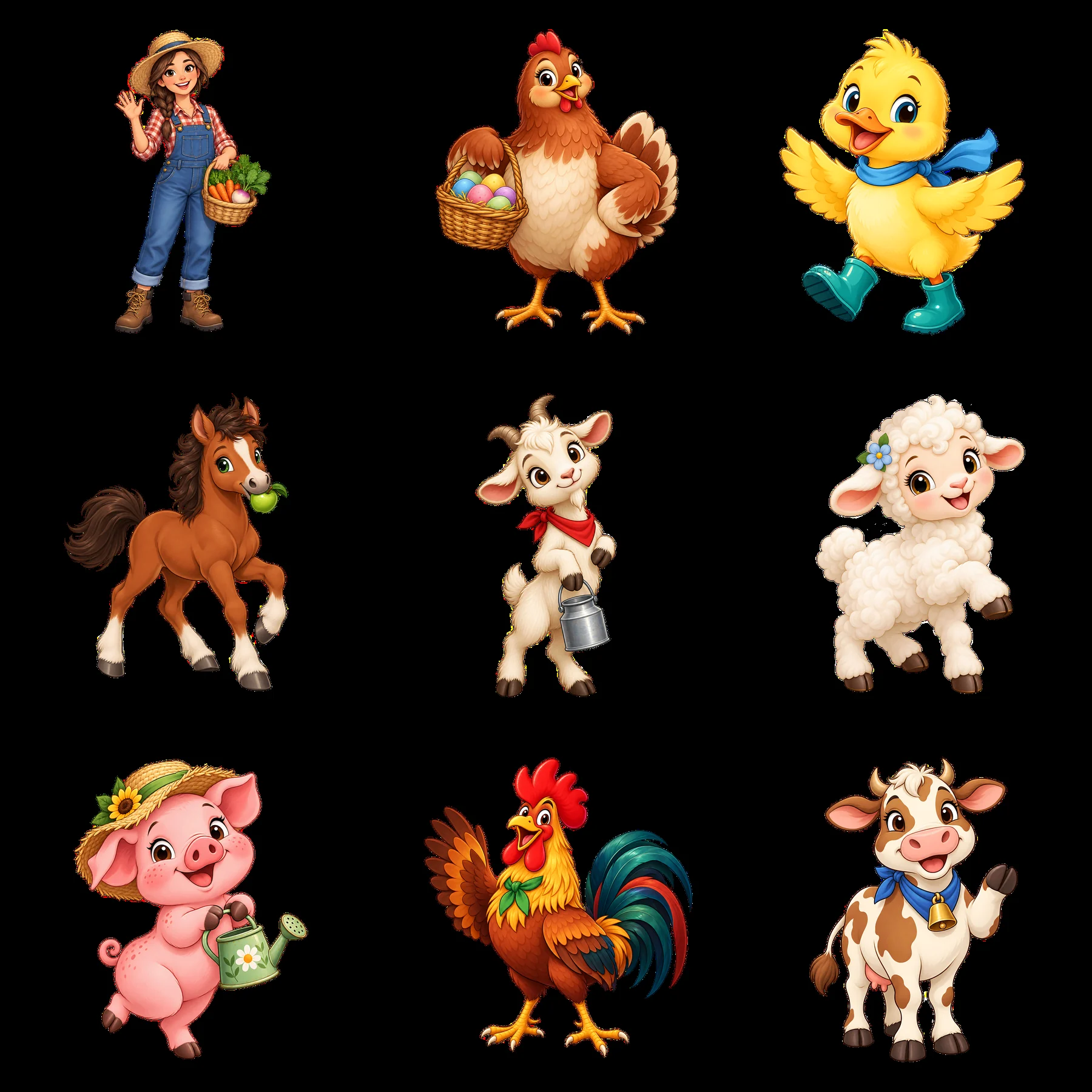 Farm characters engaging with animals and crops in a lively scene - AI-generated stock image