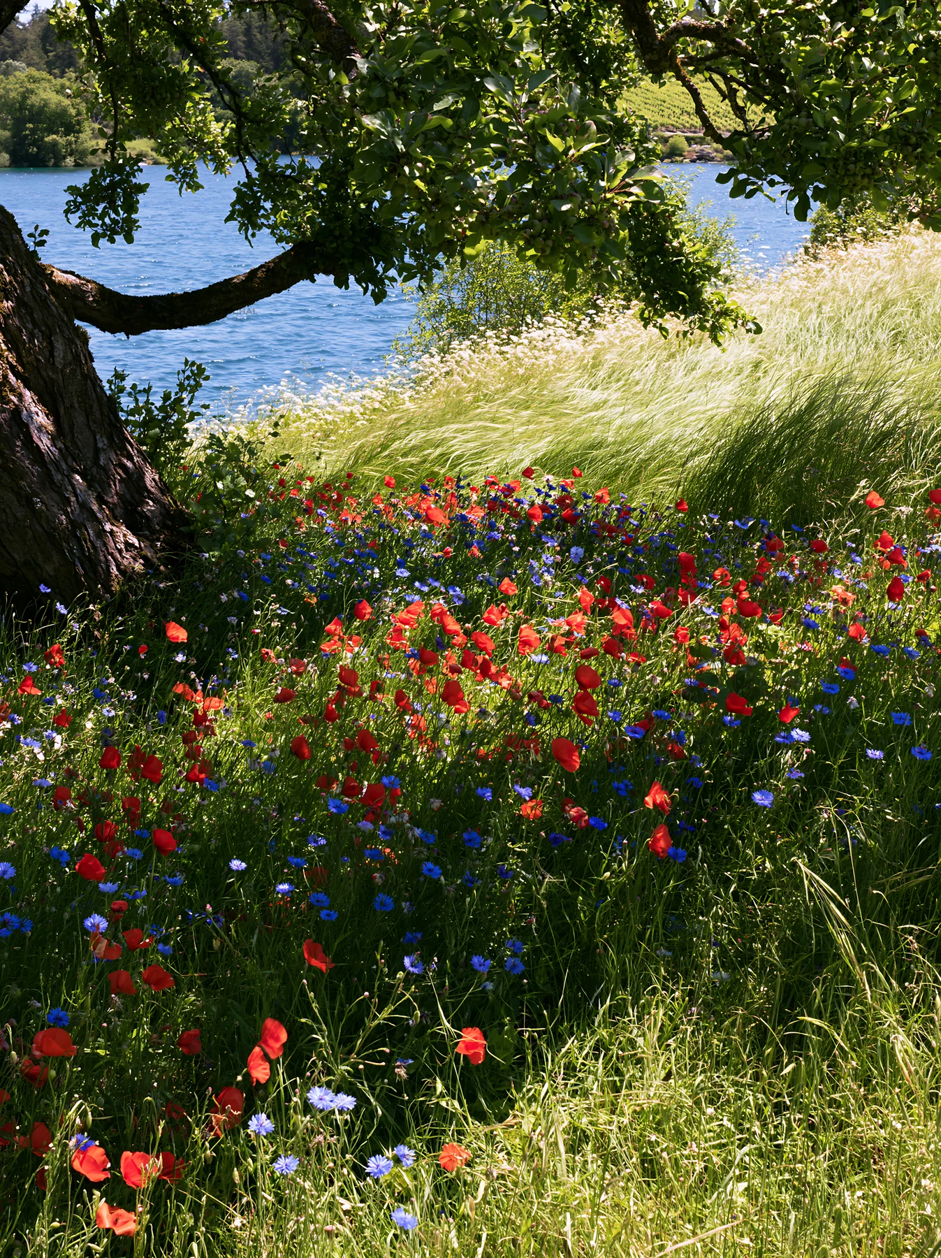 Lakeside orchard meadow with wildflowers by the water - AI-generated stock image
