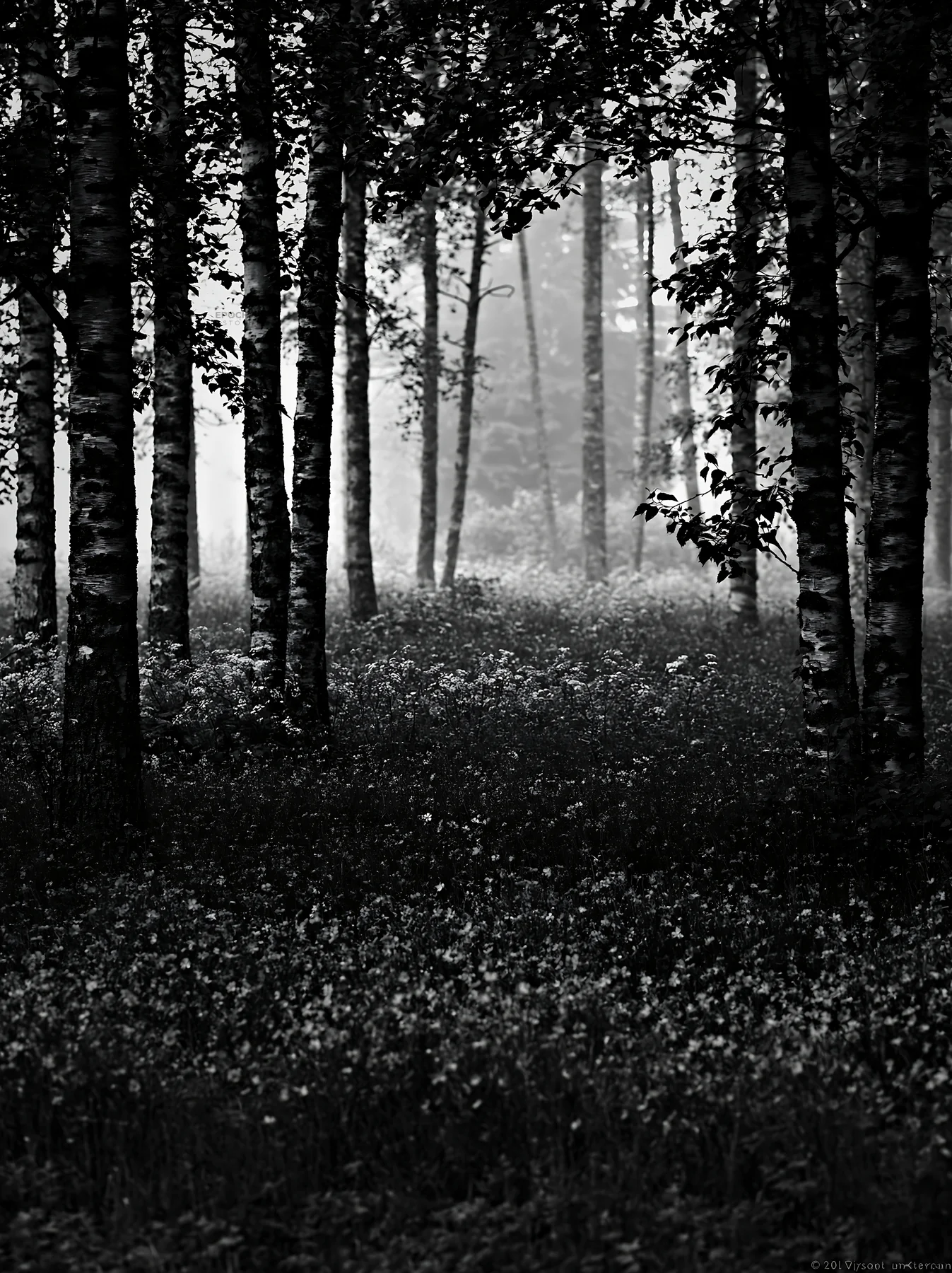 Misty forest meadow with trees and flowers - AI-generated stock image