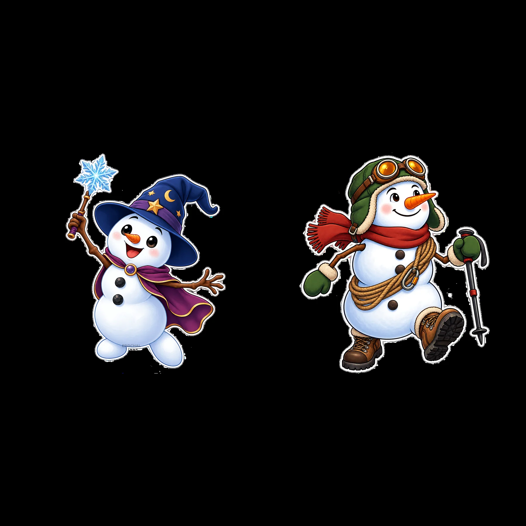 Cartoon snowmen with a magic wand and hiking gear - AI-generated stock image
