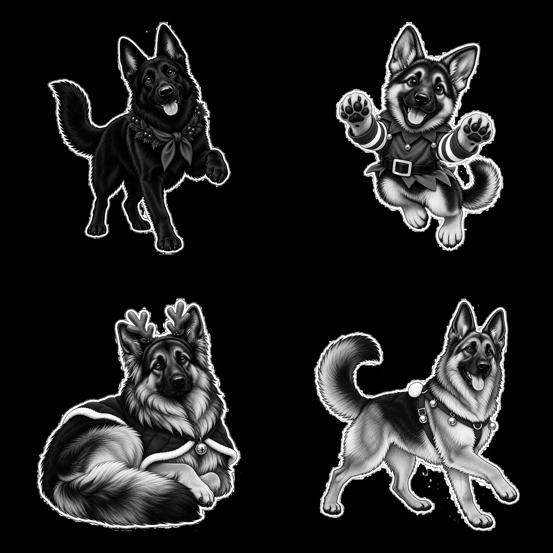 Four cartoon stickers feature German Shepherds in Christmas themes - AI-generated stock image