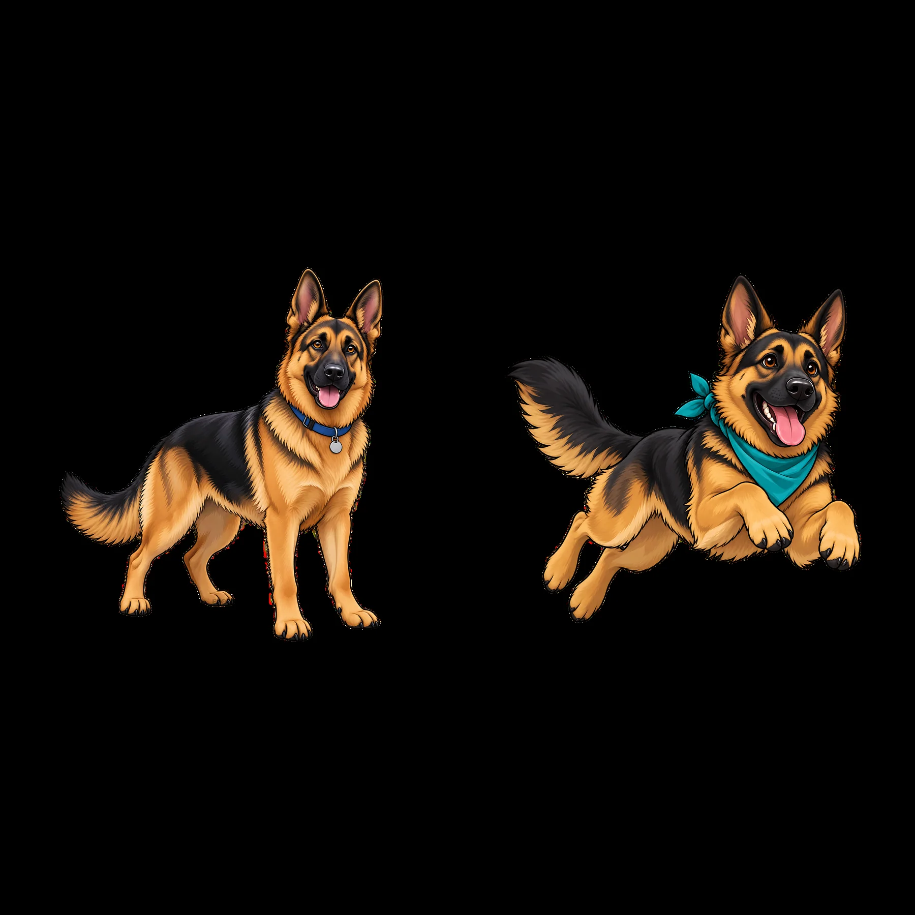 German Shepherd dogs standing and playing with a bandana - AI-generated stock image