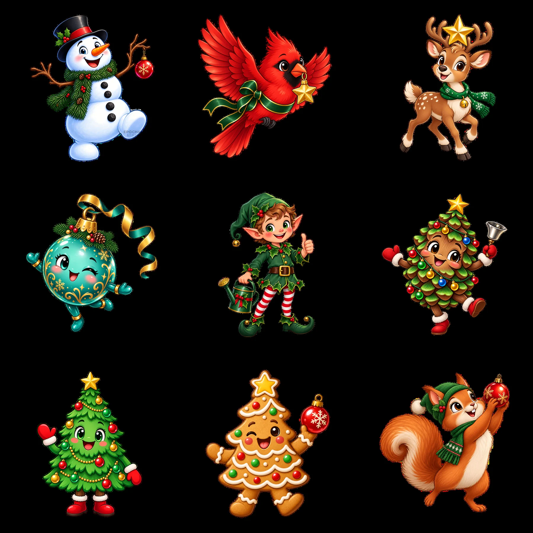 Christmas characters and decorations in a festive 3x3 layout - AI-generated stock image